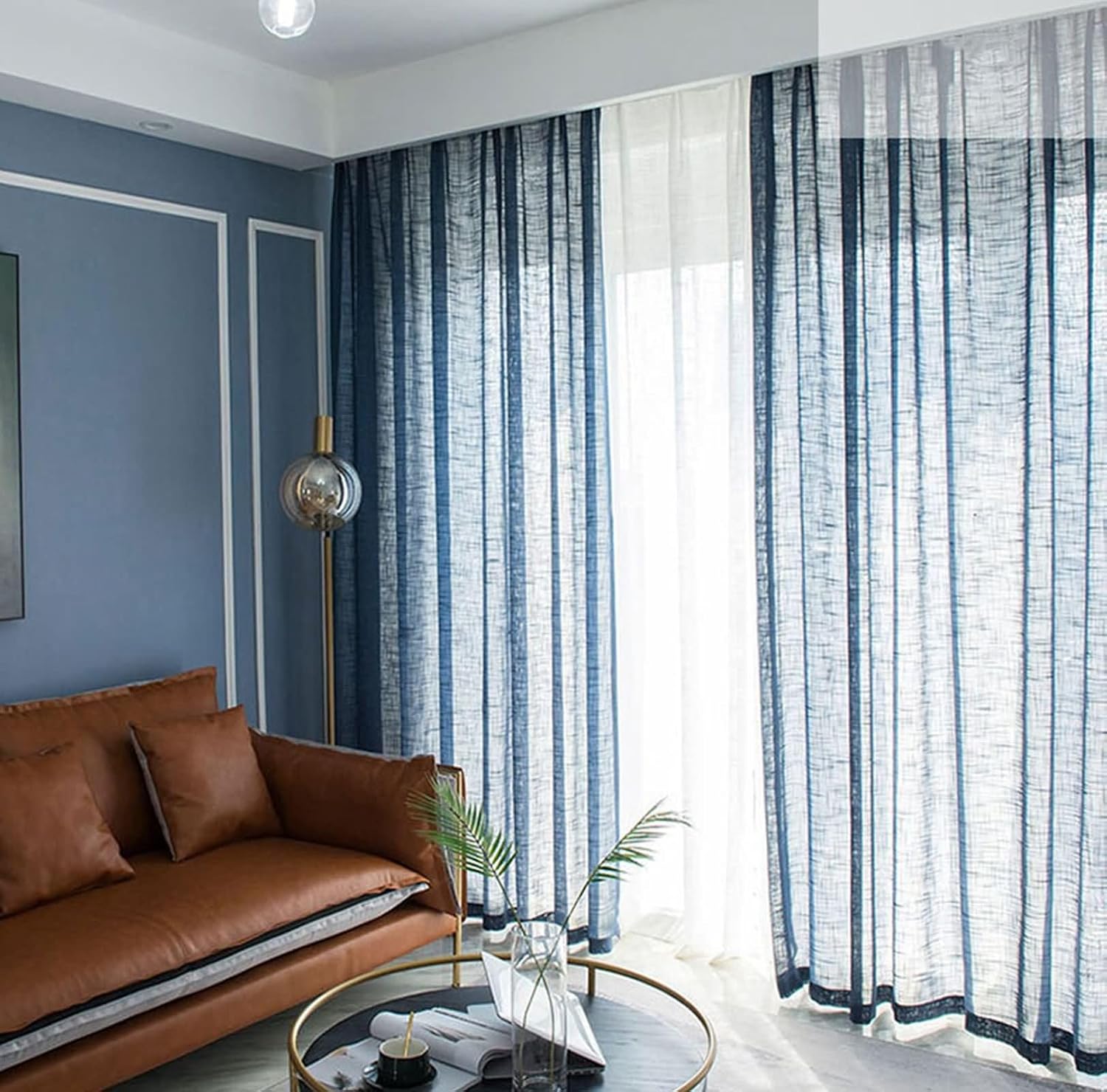 Daesar Semi Transparent Curtains for Bedroom 2 Panels Set 108 Inch Length, Eyelet Voile Curtains Solid Color Lines Texture Sheer Drapes Window Treatment for Living Room, 52x108 Inch Dark Blue