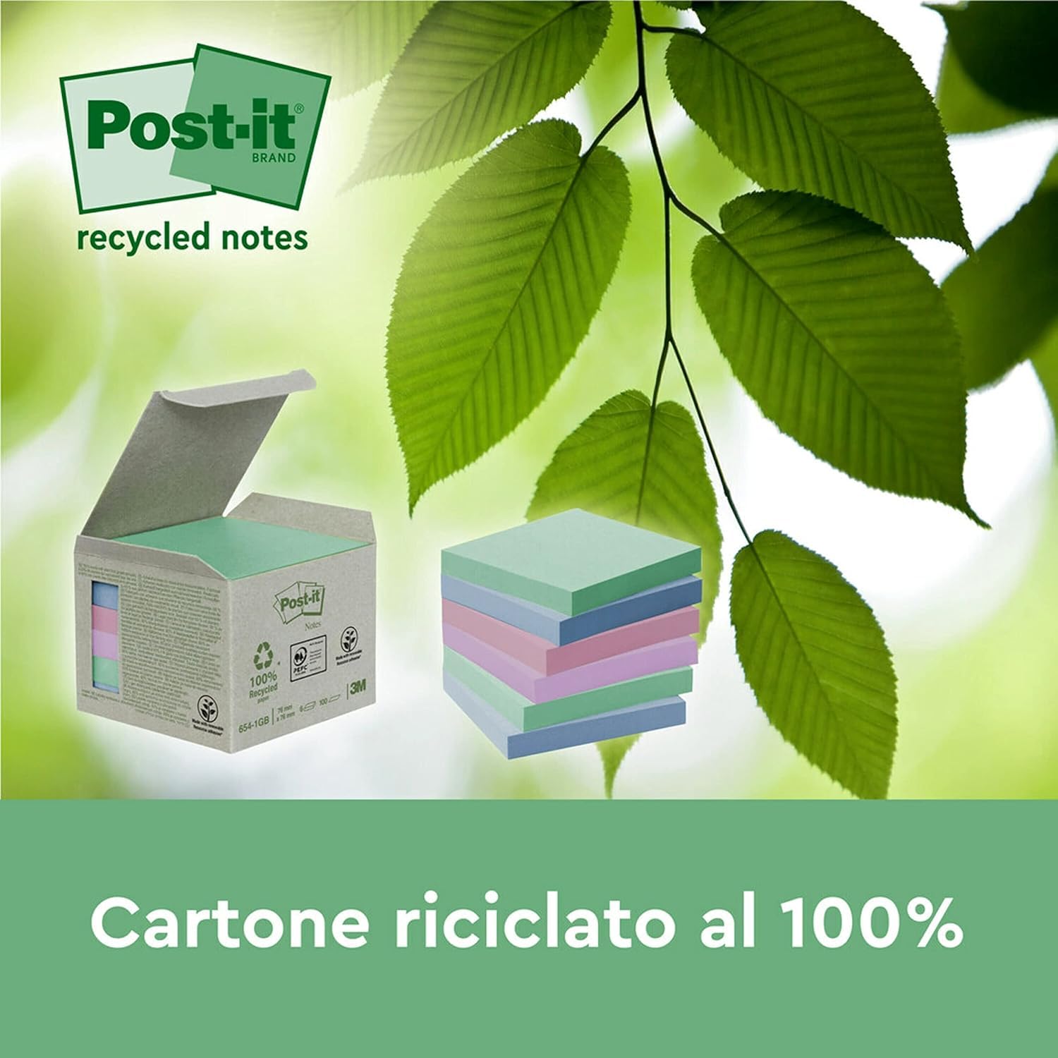 Post-it Foglietti Super Sticky Riciclati, Confezione da 12 Blocchetti, 70 Fogli per Blocchetto, 47.6 mm x 47.6 mm, Rosa, Verde, Blu, Viola, Giallo - Foglietti Super Adesivi in carta riciclata al 100%
