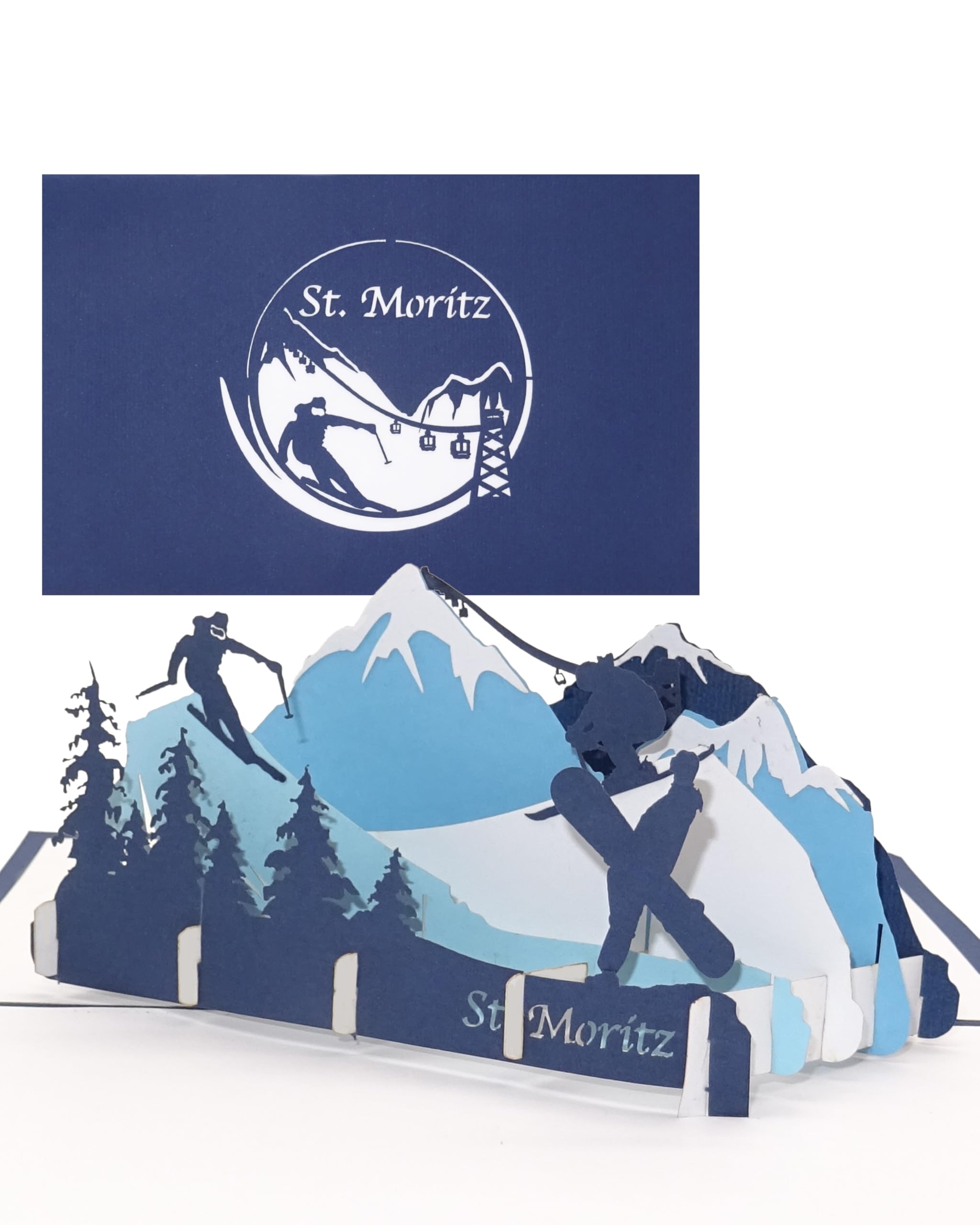 St Moritz greeting card, 3D card as a souvenir, birthday card, travel voucher and invitation card for ski holiday in Switzerland - pop up card ski and snowboard