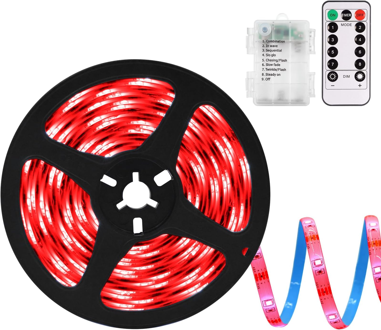 echosari LED Strip Lights Battery Powered, 90 LED Red 2835 SMD Strip Lights 9.8 Ft Cuttable Self-Adhesive Strip Lights with Remote Timer for Outdoor Indoor Party Bedroom Decoration