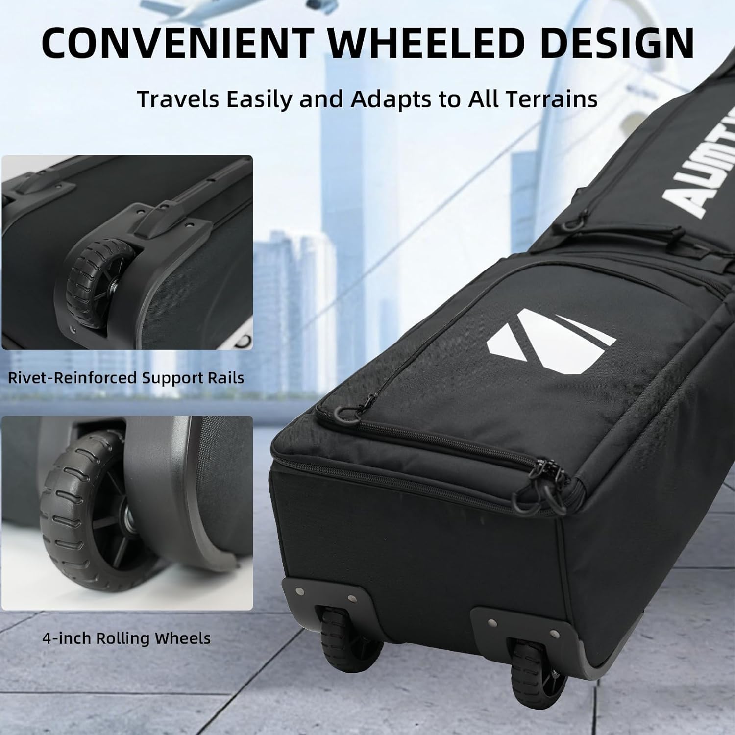 AUMTISC Padded Snowboard Bag with Wheels, Rolling Ski Bags for Air Travel with Storage Gear Pockets, Ski Luggage Bags Fits Single Board/Double Skis, Snow Board Bag Adjustable Length 165-175 cm