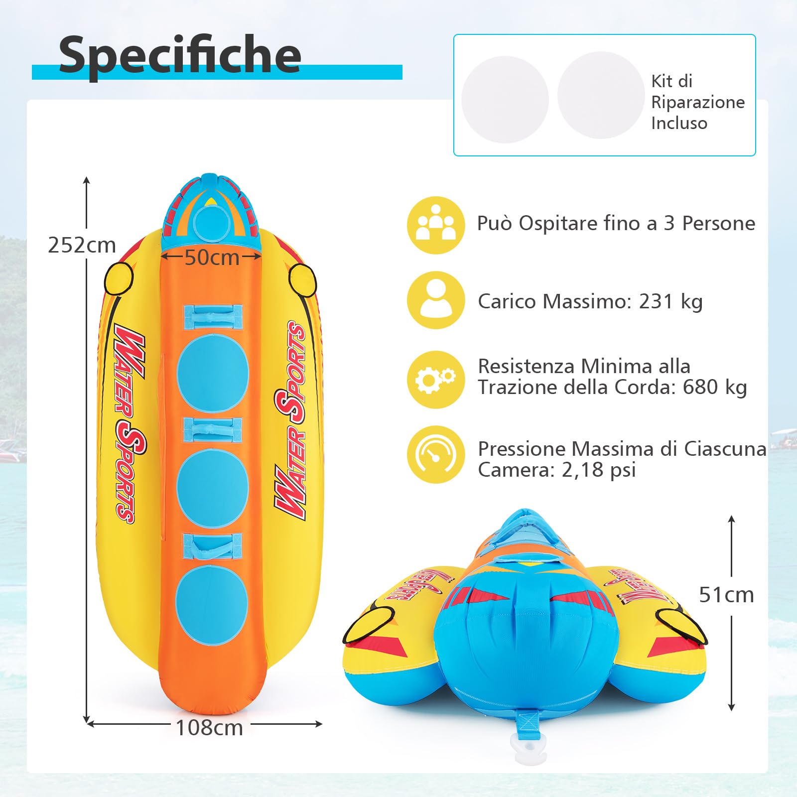 GYMAX Tubo Trainabile per Navigazione, Banana Gonfiabile Trainabile con Copertura in Nylon Completo, Tubo Trainabile per Attività Ricreative Acquatiche per Giovani e Adulti, Portata 231 kg
