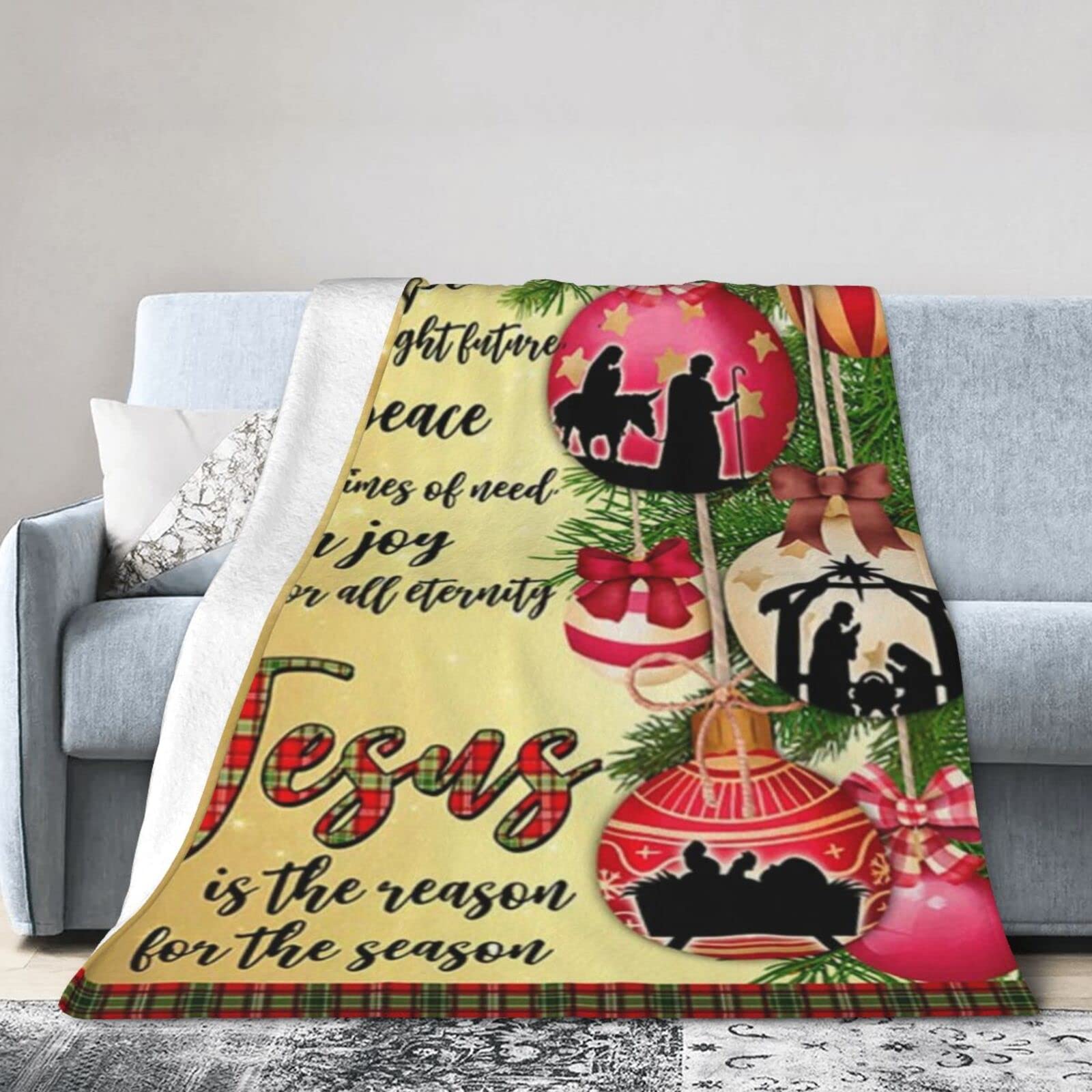 Lsjuee Christmas Flannel Fleece Blanket 80"X60" Jesus is The Reason for The Season Christmas Bed Throw Blanket Weighted Ultra-Soft Travel Winter Blankets for Mens Keep Warm