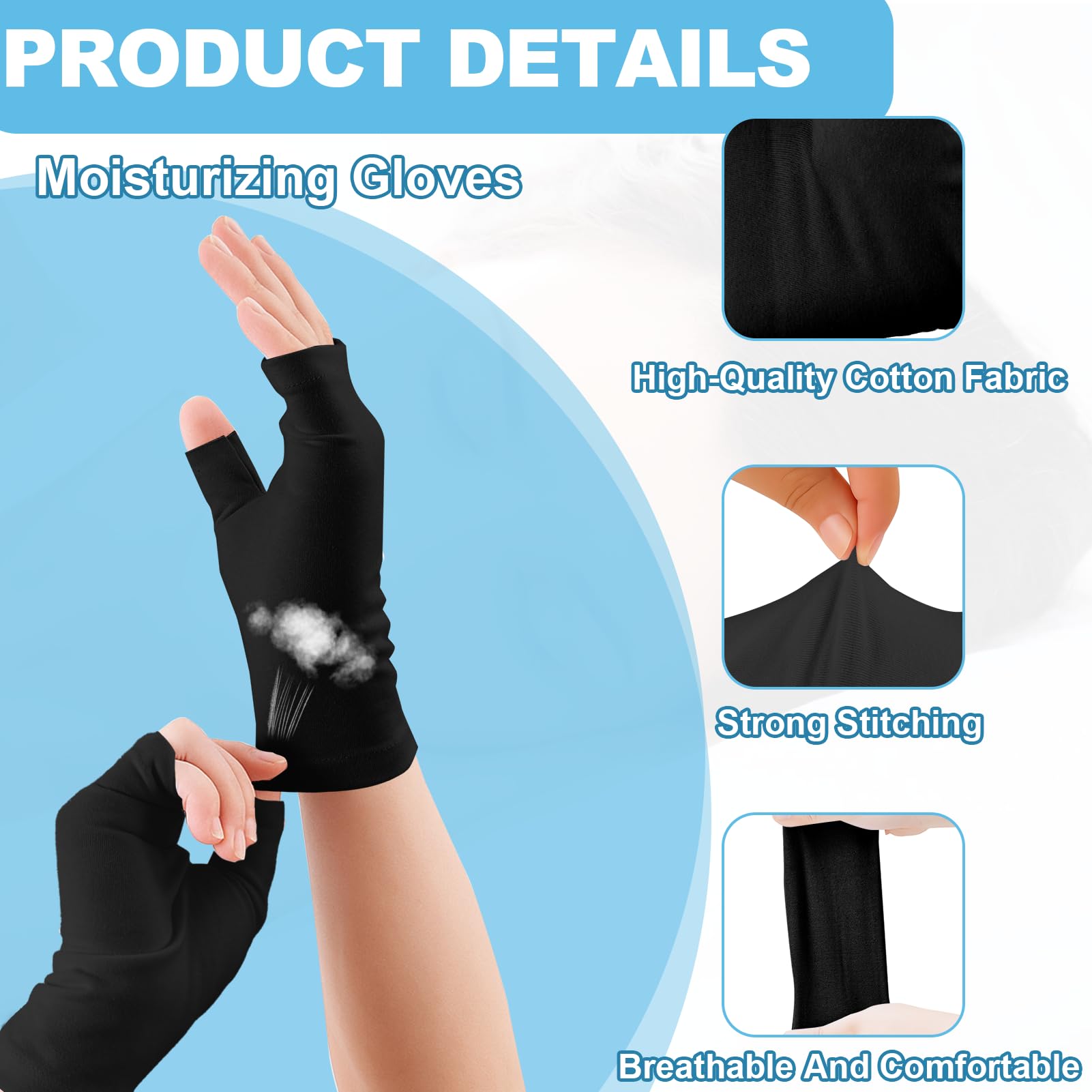 Guantes Para Eccema Sin Dedos, Suave Y CóModo Guantes Algodon Dermatologicos (Negro)