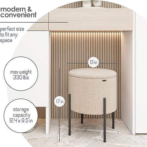 Miniatura 8 de Otomana redonda StorageBud con almacenamiento, otomana de almacenamiento de bouclé, taburete otomano para pies, taburete de tocador de maquillaje,