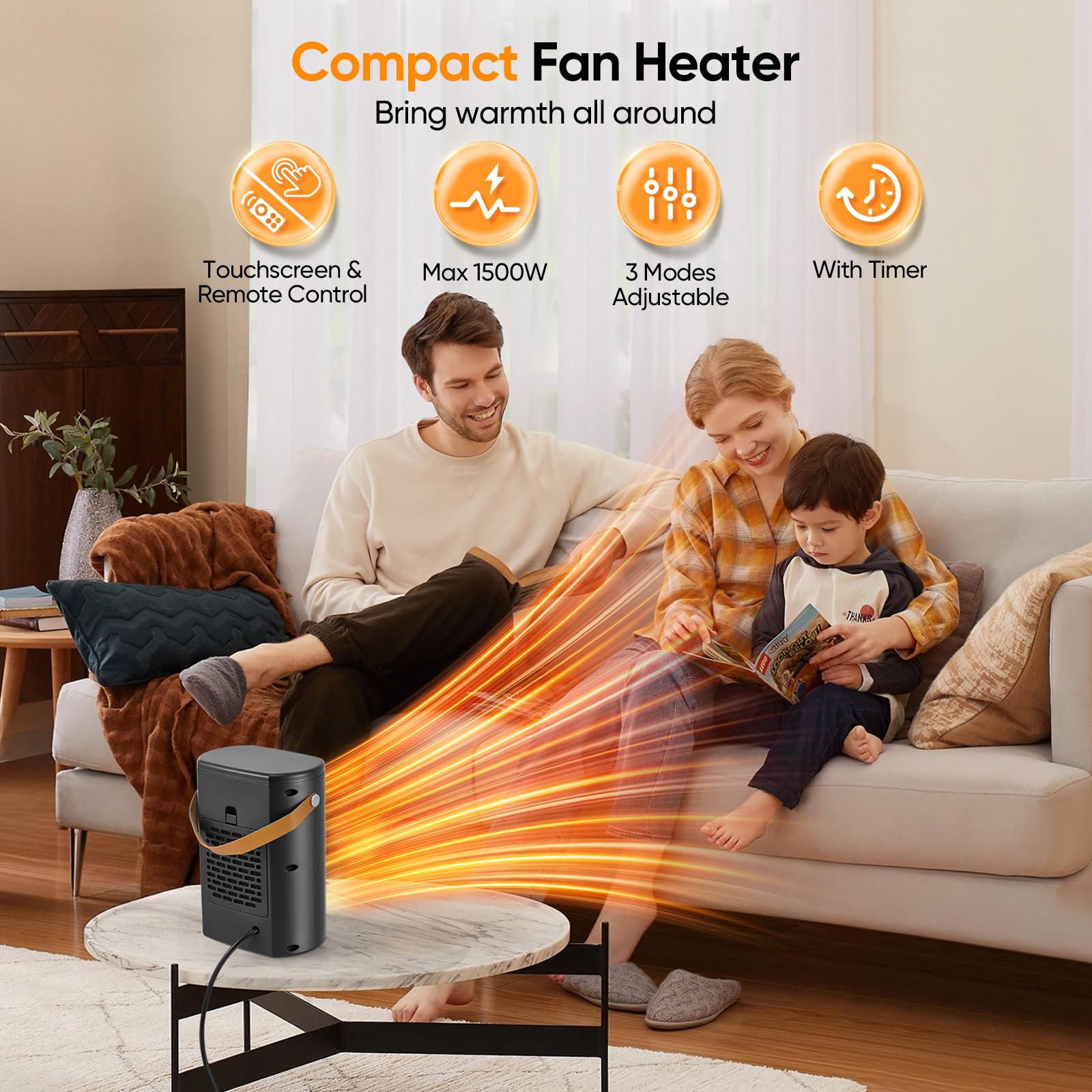 Chauffage d'appoint, 1500W PTC, 3 Modes Chauffants, Protection Anti-Surchauffe et Chute, Oscillant à 70° ECO Radiateur Electrique, Portable et Silencieux pour Maison, Bureau