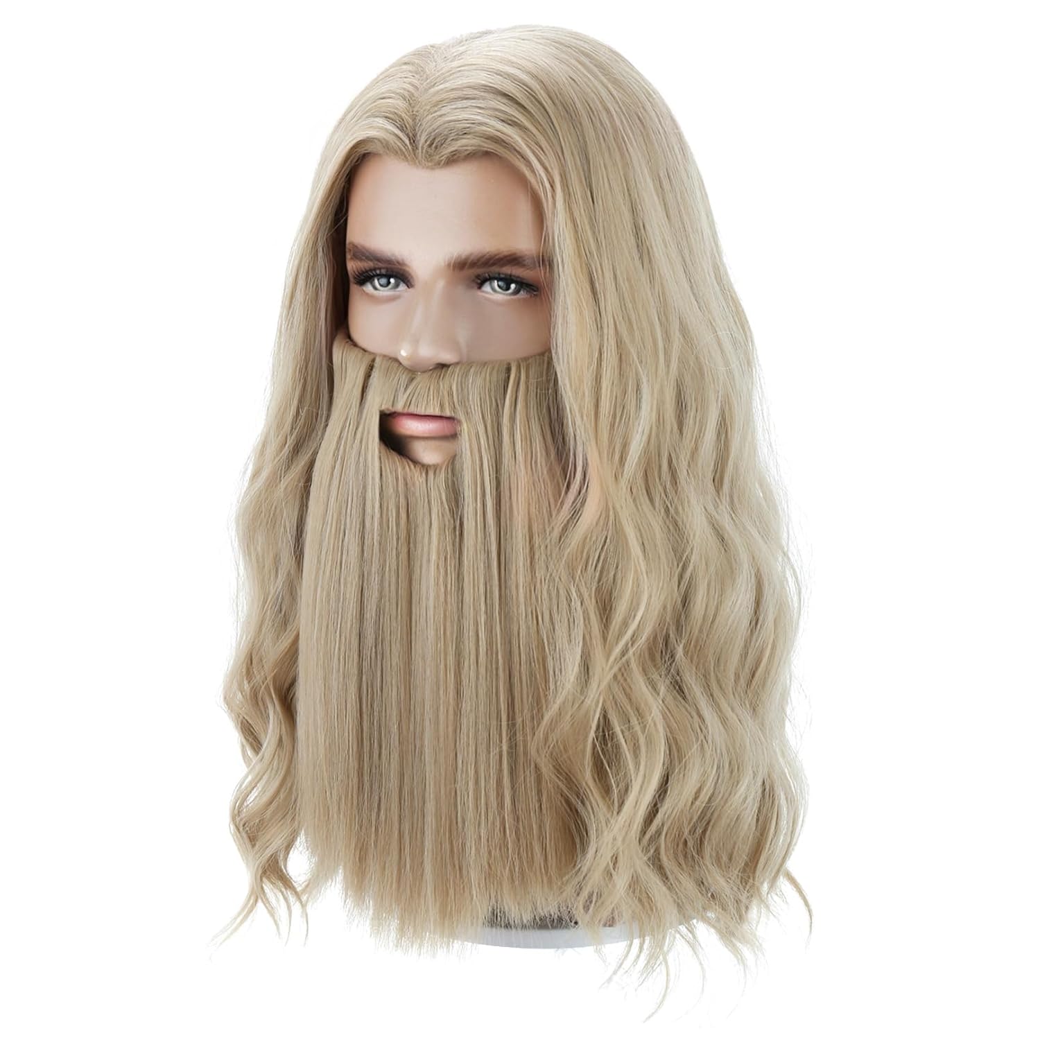 BERON Ash Blonde Long Curly Wavy Wig with Mustache for Mens Blond Heat Resistant Synthetic Wig Halloween Cosplay Costume Party Daily Wigs