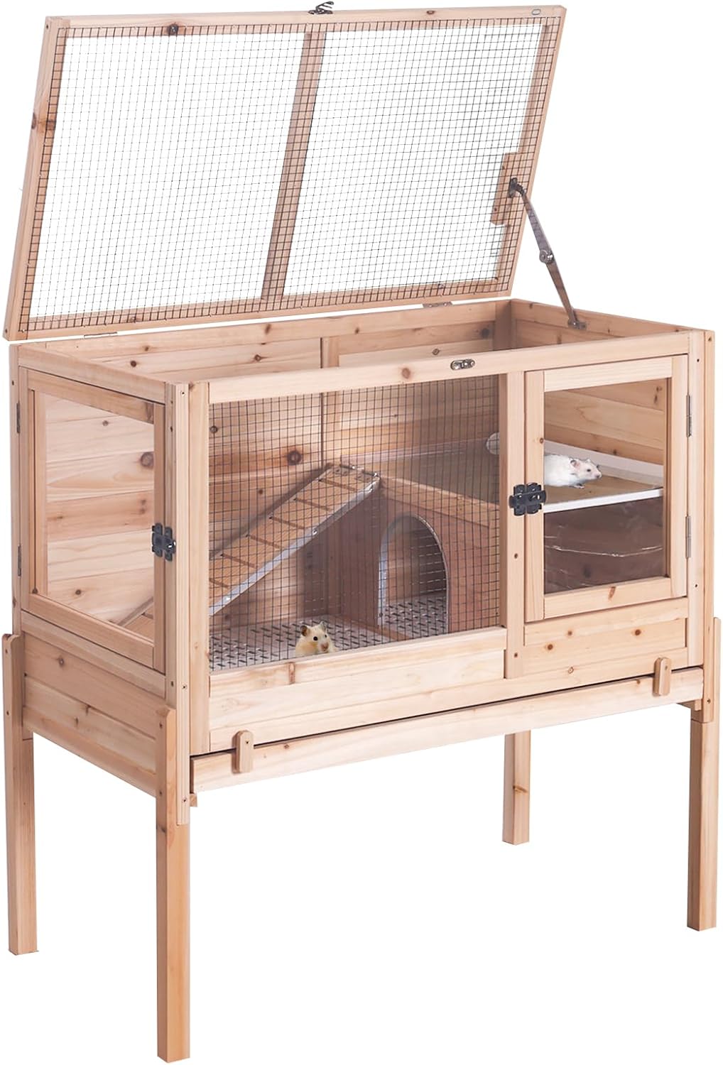 Wooden Guinea Pig Cages Indoor,Two-Story Wooden Rabbit Cage Hutch with Removable Stand and Pull Out Tray, Small Animals Cage Habitat with Ramp and Plastic Mesh(Brown&White)
