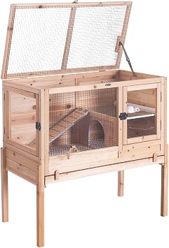 Wooden Guinea Pig Cages Indoor,Two-Story Wooden Rabbit Cage Hutch with Removable Stand and Pull Out Tray, Small Animals Cage Habitat with Ramp and Plastic MeshNatural Wood Color