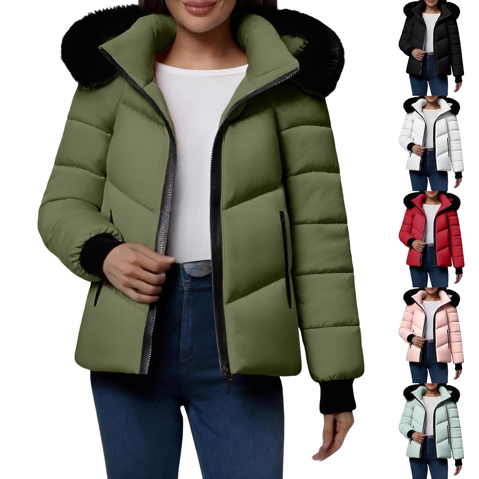 Doudoune courte d'hiver pour femme avec capuche en fausse fourrure et col montant avec fermeture éclair - Imperméable - Matelassée - Manteau d'hiver fin et chaud - Coupe-vent - Manteau ample