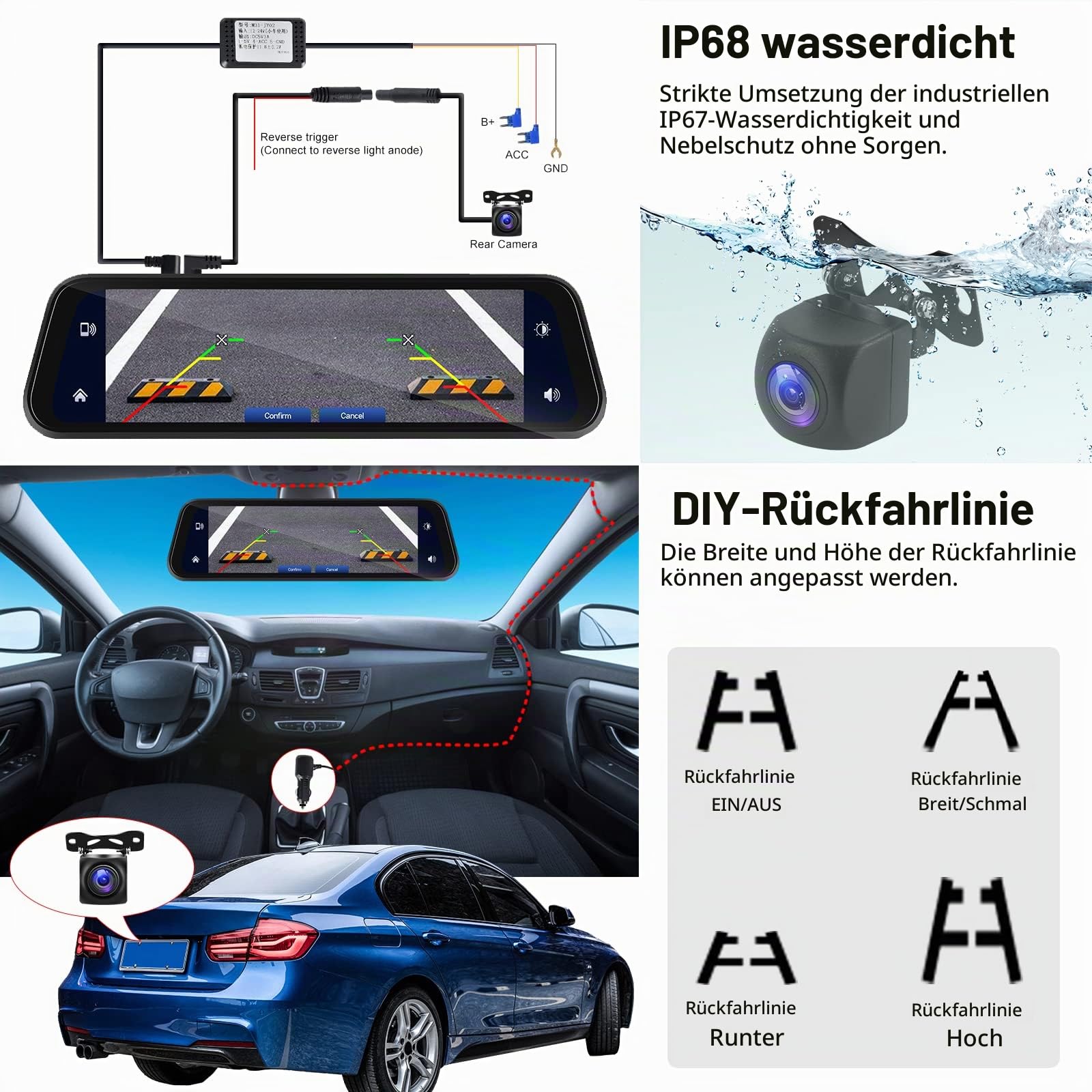 Hodozzy Spiegel Dashcam Carplay Wireless Android Auto Bluetooth 9,66 Zoll IPS Touchscreen Frontkamera Rückfahrkamera wasserdichte Nachtsicht WDR Autokamera Rückspiegel Parkmonitor 64G TF-Karte FM AUX