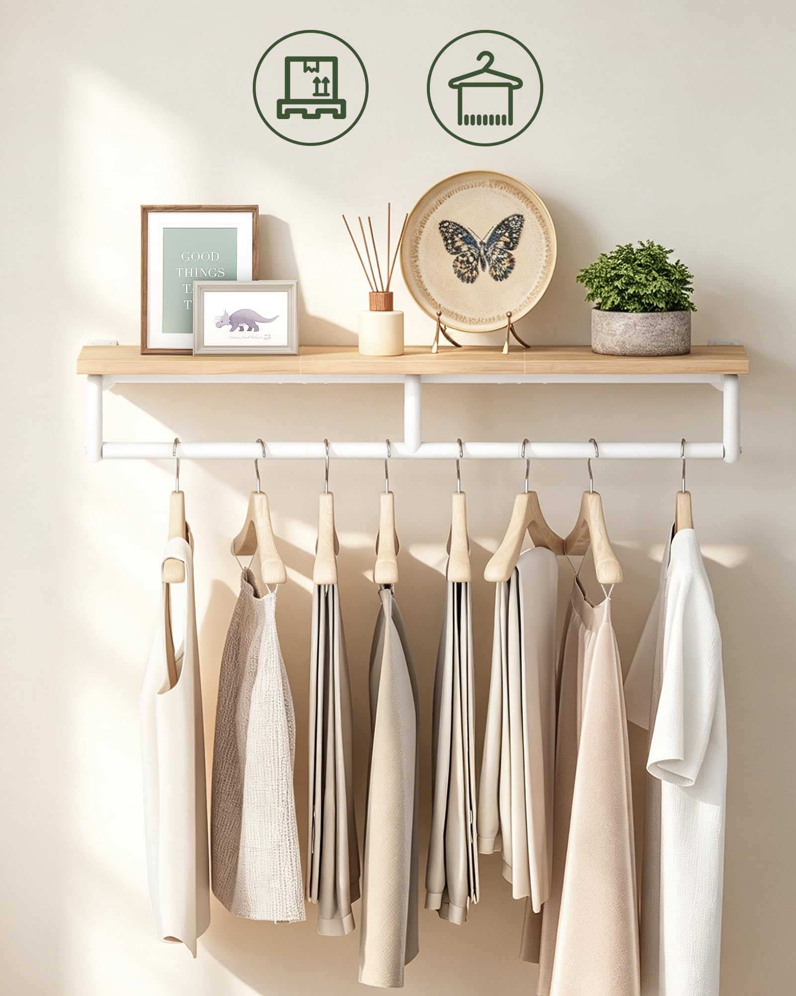 CHOEZON Perchero de Pared, Estantería de Baño con Barra para Colgar Ropa, Perchero de Pasillo, Colgador de Pared para Dormitorio, Pasillo y Lavadero, Natural y Blanco DTYM02NW