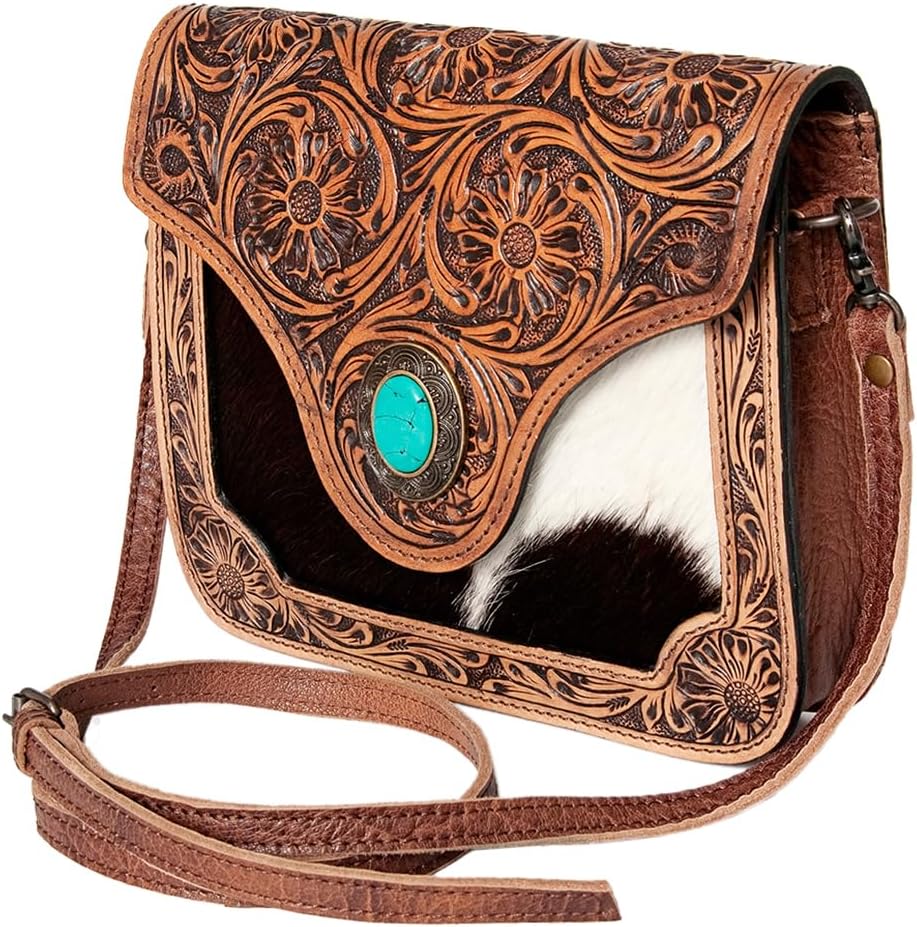 American Darling Small Crossbody Hand Tooled Hair On...