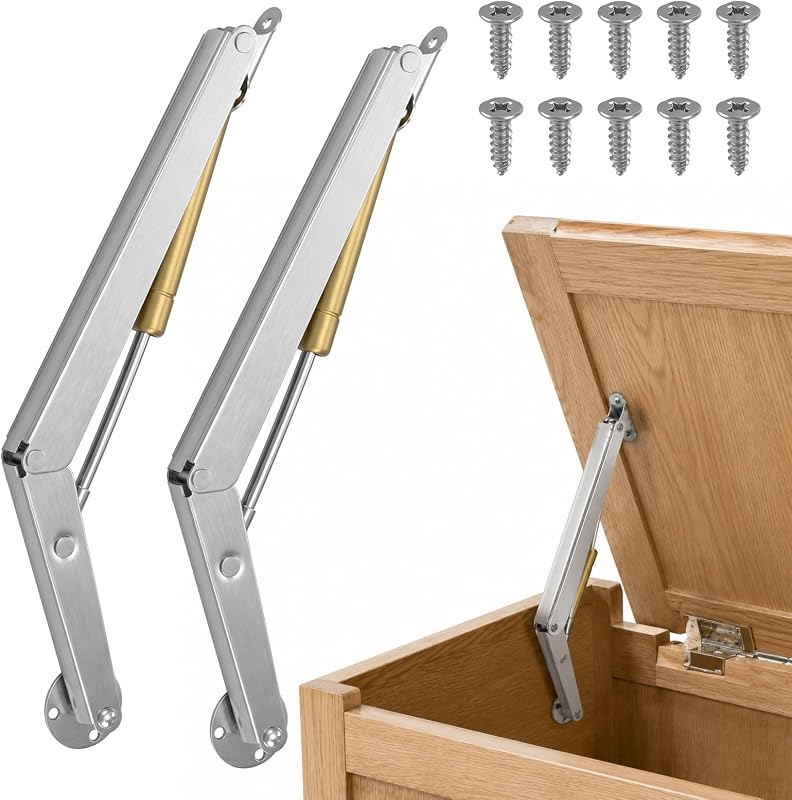200N 2 piezas Bisagra de soporte de tapa Cierre suave Bisagras de pecho resistentes Puntales de gas | Bisagras hidráulicas de caja de acero inoxidable, para caja de juguetes de madera, gabinete de banco de pecho, tapas abatibles con puntales neumáticos pesados(200N)