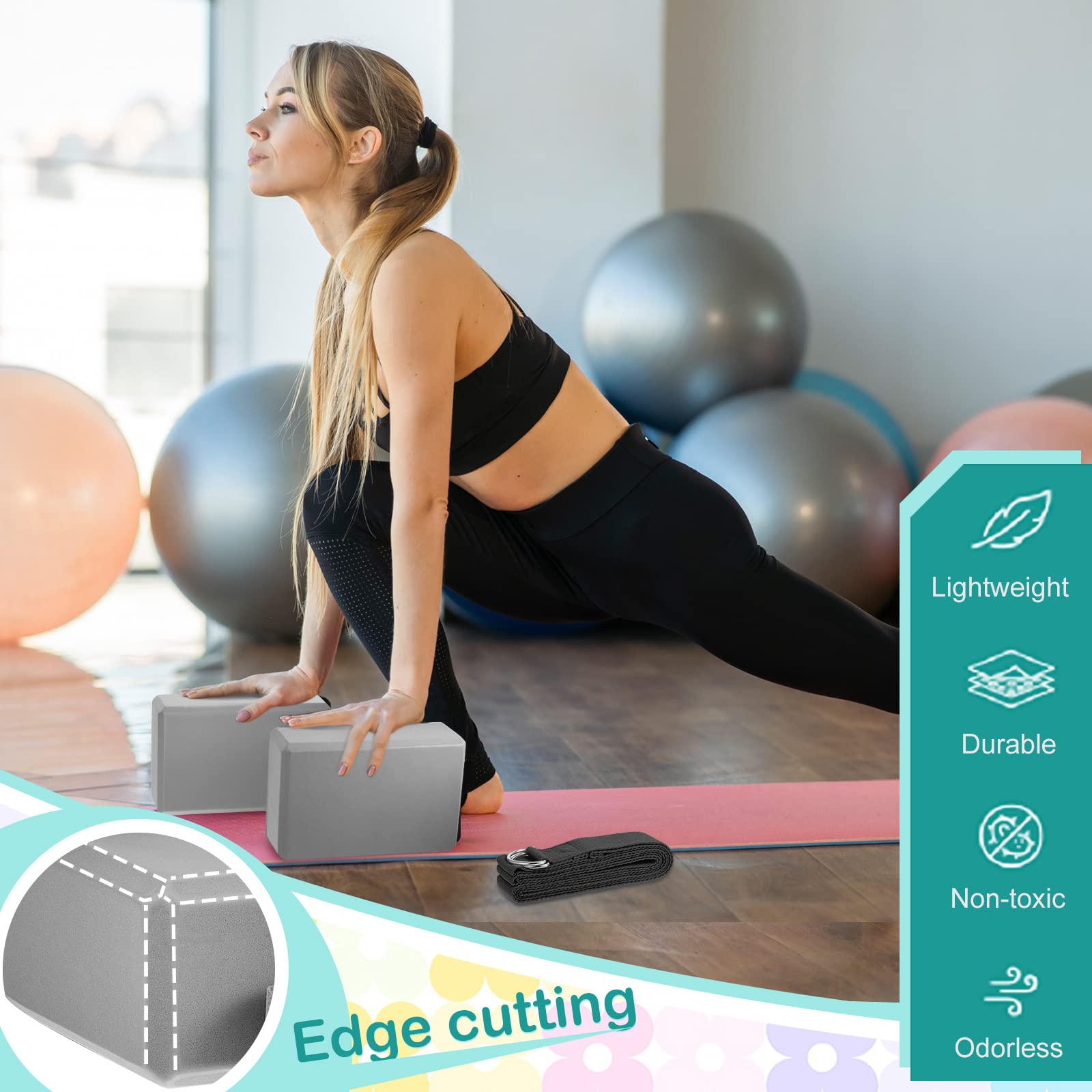 Yoga-Block und Yoga-Gurt-Set, EVA-Schaumstoff, 22,9 x 15,2 x 7,6 cm, rutschfester Yoga-Block, 2,4 m, Yoga-Gurte zum Dehnen, D-Ring-Gurt für Yoga, Pilates, Fitness, Workout, Übung