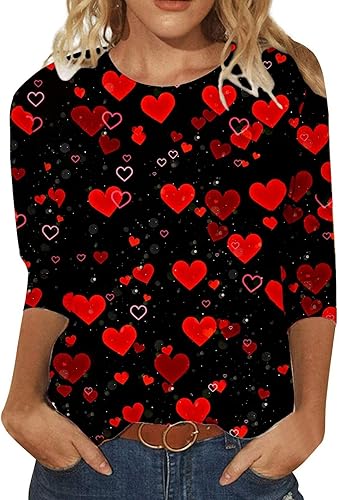 Camisetas para mujer, manga 34, camisetas elegantes para el día de San Valentín, camisetas gráficas casuales ligeras