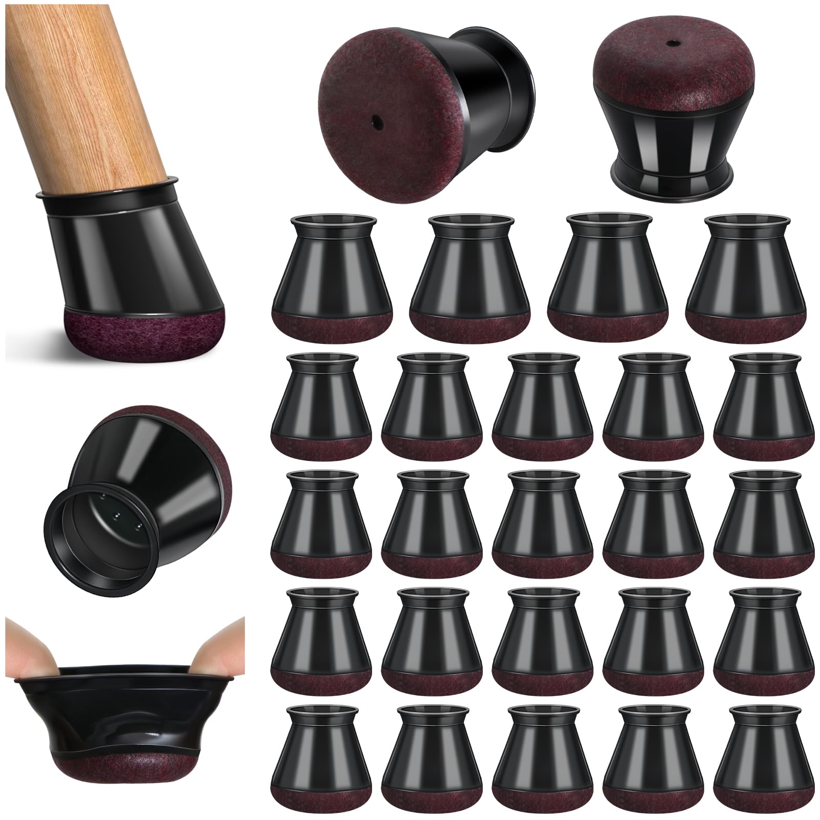 Protectores de silicona para patas de silla con fieltro, 24 fundas negras medianas