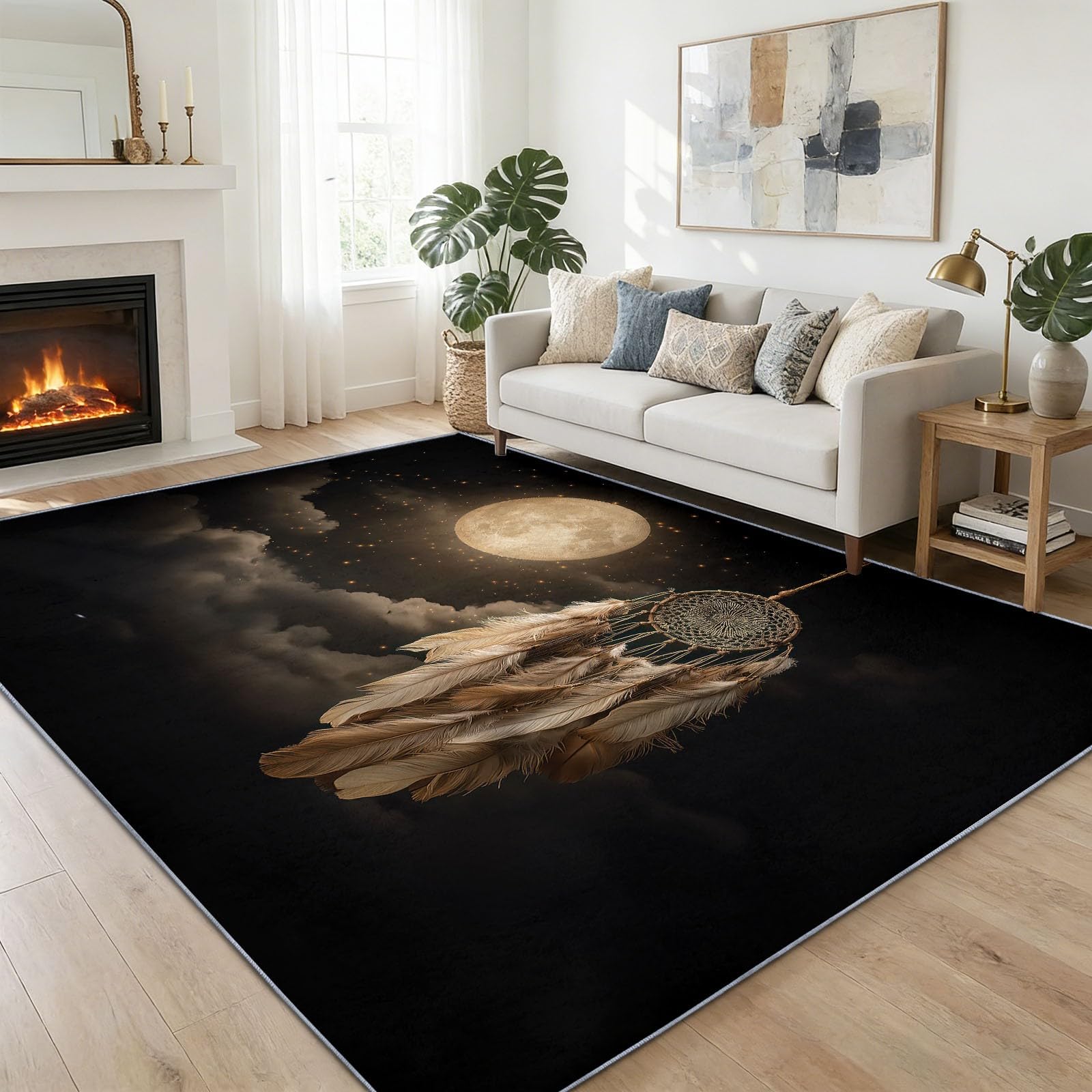 Waschbarer Wohnzimmerteppich Tiefschwarz, Boho Traditionell Sternenhimmel Traumfänger Flor Teppich rutschfest Weiche Teppiche Antirutschmatte für Schlafzimmer Meditationsraum Wohnzimmer, 80 x 150 cm