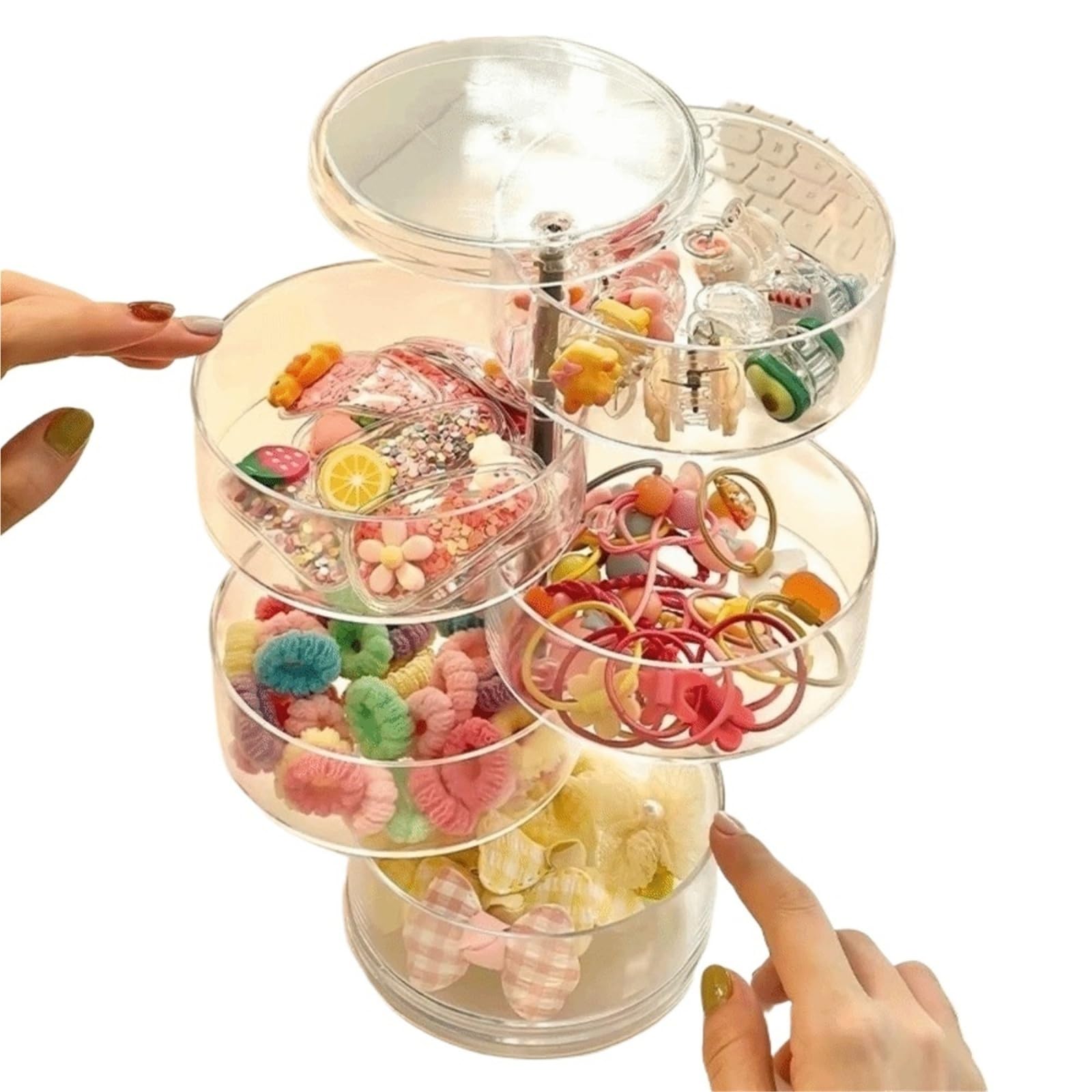 WEQYFDC Hair Tie Organizer Box Hair Accessories Jewelry Organizer Box Dustproof Multifunctional Rotating Storage Box Headwear Storage Case(4 Layers)