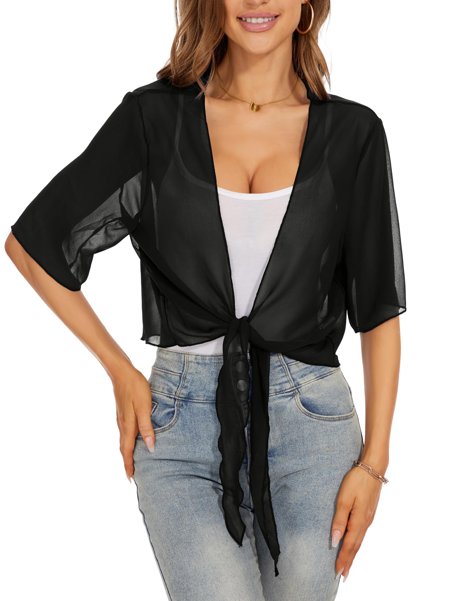 HANERDUN Bolero Cardigan Mujer Verano Gasa Manga Corta Chal de Fiesta Toreras Mujer con Corbata Chaqueta Mujer Talla Grande Primavera Otoño