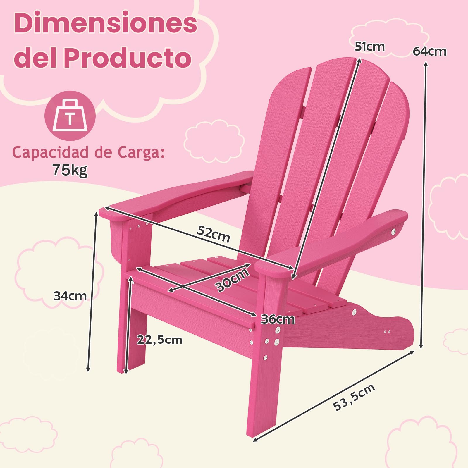 GOPLUS Silla Adirondack para Niños, Silla de Ocio de HDPE para Todo Tiempo con Asiento Ancho, Respaldo, Apoyabrazos, Ángulo de Elevación de 105°, Sillón de Exterior Infantil para 3-8 Años (Rosa)