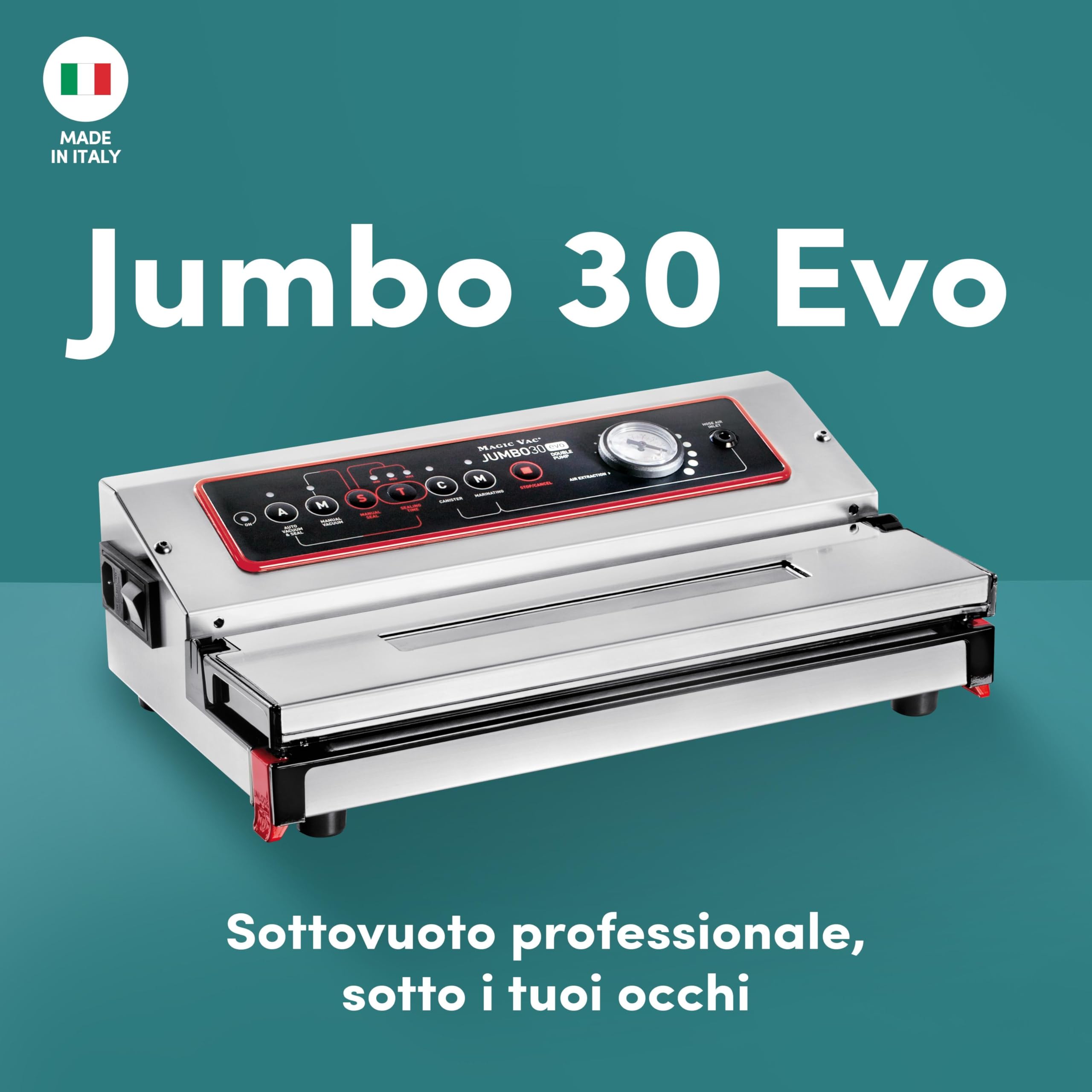 Magic Vac, Jumbo 30 Evo, Macchina Sottovuoto Alimenti Professionale Heavy Duty in Acciaio Inox, Ideale per Sacchetti Sottovuoto, Contenitori e Marinatura, Tecnologia Brevettata, Made in Italy