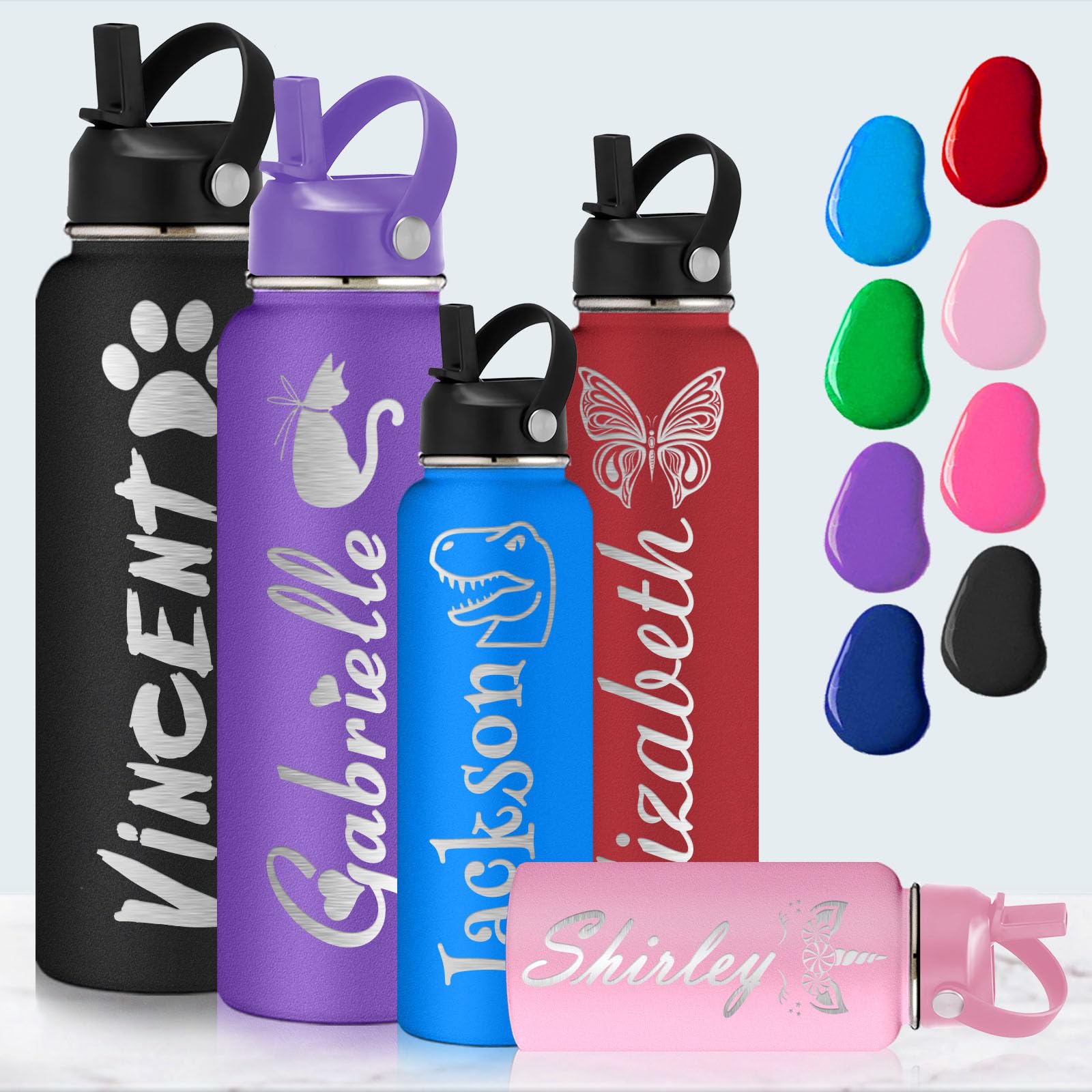 Custom Water Bottle with Name Engraved, Personalised Water Bottles with Straw Lid, Customised Gifts for Women Men (12/18/24/32/40oz)