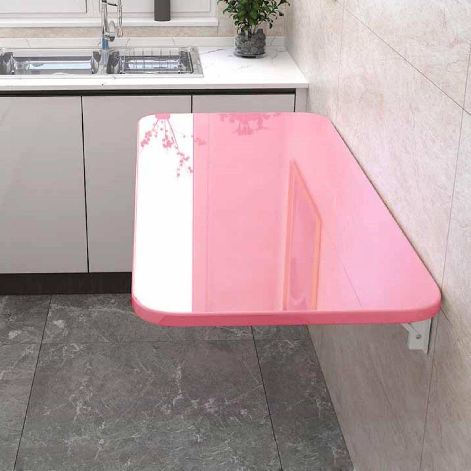 GDMDPTE Wall-Mounted Folding Table Space-Saving Drop-Down Shelf for Garage Home Office Kitchen Laundry Bar - Stylish White & Pink 70x30CM