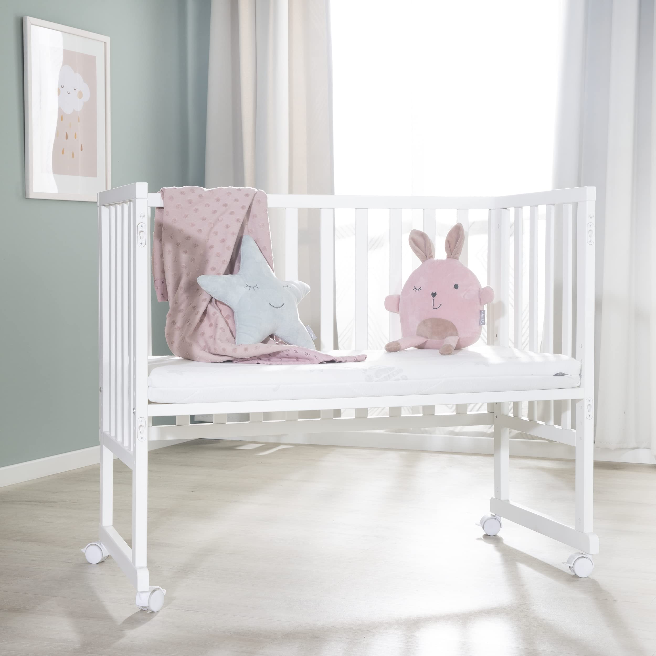 roba Cuna Colecho 45 x 90 cm Safe Asleep 3 en 1 - Altura Ajustable - Conjunto Completo con Cuna, Colchón, Barrera de Tela y Ruedas con Freno - Madera Blanca