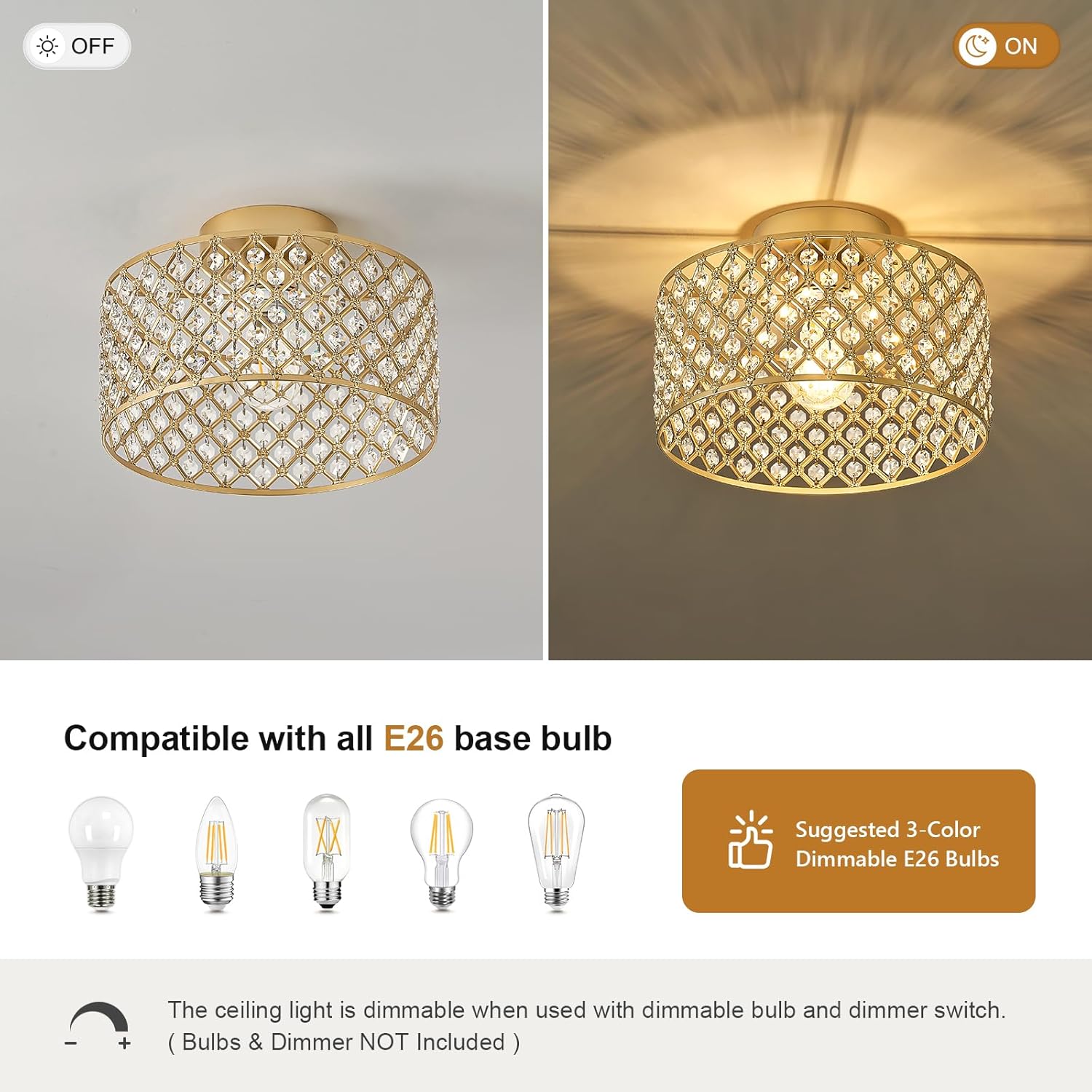 Gold Crystal Ceiling Light Fixture,Modern Semi Flush Mount Ceiling Lighting Fixture,Round Small Chandelier for Dining Room, Hallway, Entryway, Kitchen, Bedroom,Foyer,1 Light,11.2 inch