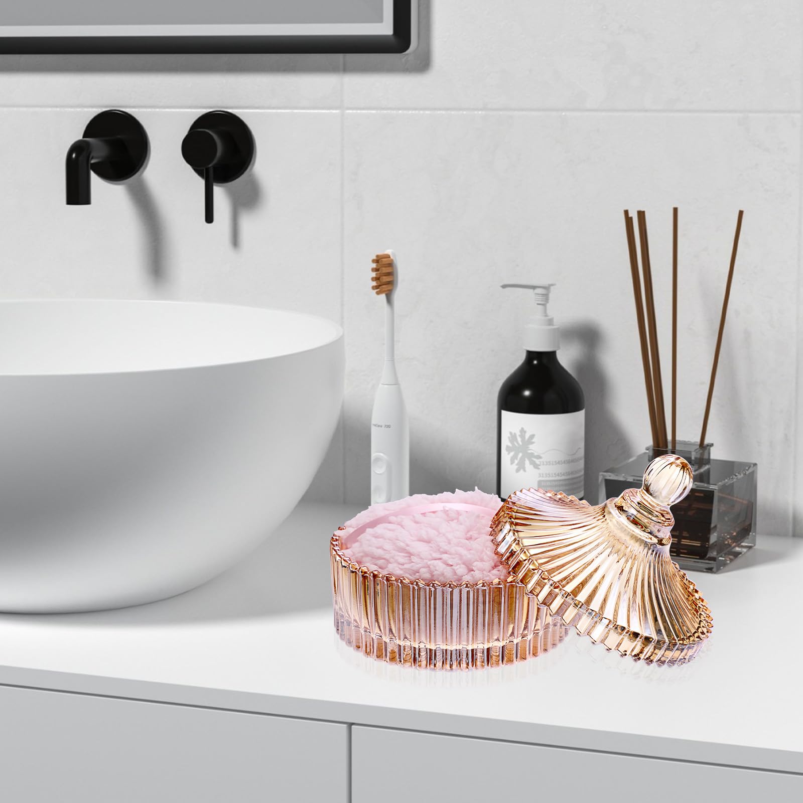 Glas Puderdose mit Quaste Bernsteinfarben Puderetui mit Rosa Puderquaste Leer Babypuder Dose Körperpuder Behälter für Schminktisch Badzimmer Schlafzimmer Durchmesser 14,5 cm Yurtform Organizer