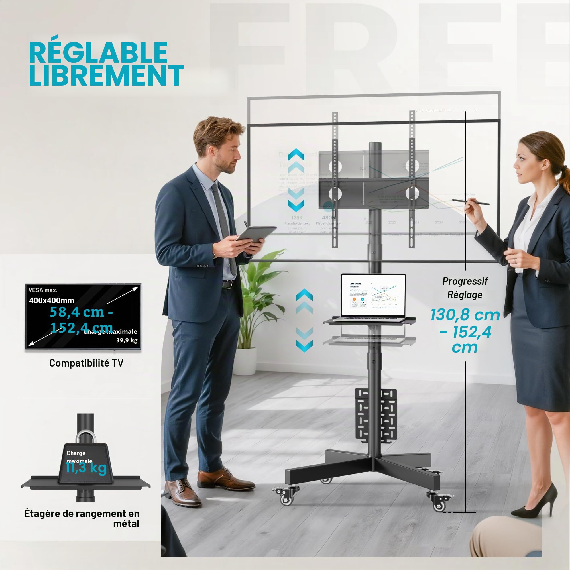 BONTEC Support TV roulettes, Support TV sur Pied avec roulettes pour Écran Plasma/LCD/LED 23-60 Pouces, Pied TV Universel Hauteur 800-1500 mm, Pied TV Charge 40 kg, VESA 400x400 mm