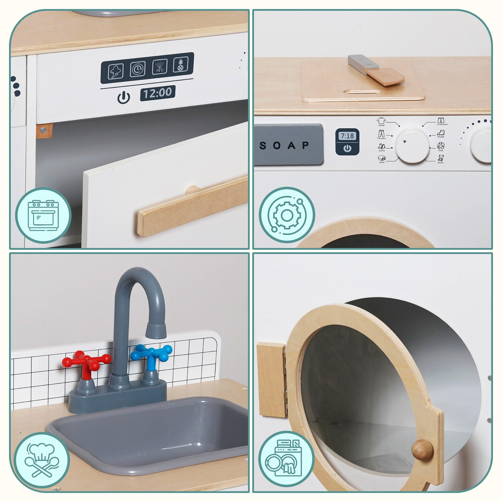 Mamabrum Holz Kinderküche & Waschmaschine – 2 in 1 Set mit Spüle, Waschmaschine und Zubehör für kreatives Rollenspiel