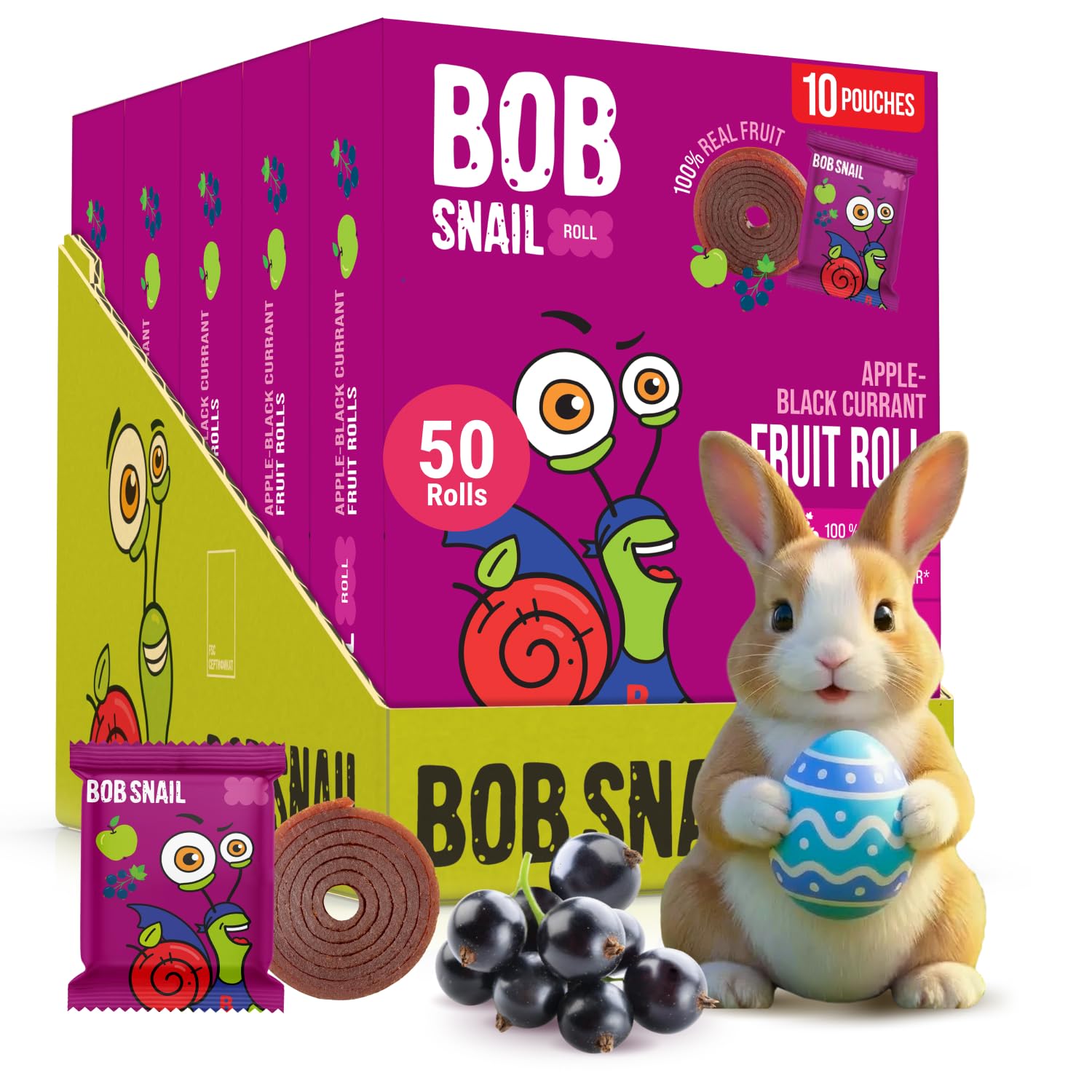 Bob Snail Apple Black Currant Fruit Roll Ups – Healthy Sweets Snacks, Real Dried Fruits, No Added Sugar, Vegan, Nut Free, Candy for Adults, Kids – Bulk 50 pcs Rolls, 500g