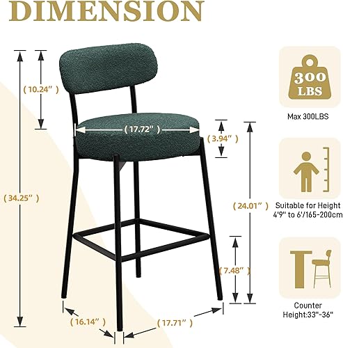 Miniatura 2 de DYHOME Juego de 2 taburetes de bar, verde esmeralda de 24 pulgadas, modernos taburetes de bar de altura de mostrador, taburetes de bar tapizados con