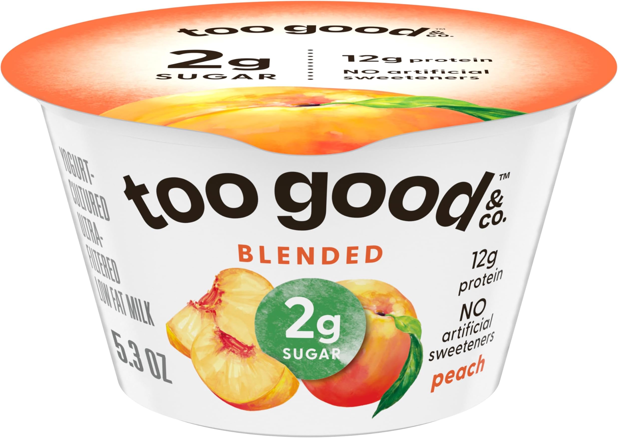 Too Good & Co. Peach Yogurt-Cultured Ultra-Filtered Low Fat Milk Product, Creamy and Delicious Low Fat Yogurt Product Snack Cup with Real Fruit Puree, Good Source of Protein, 5.3 OZ Cup