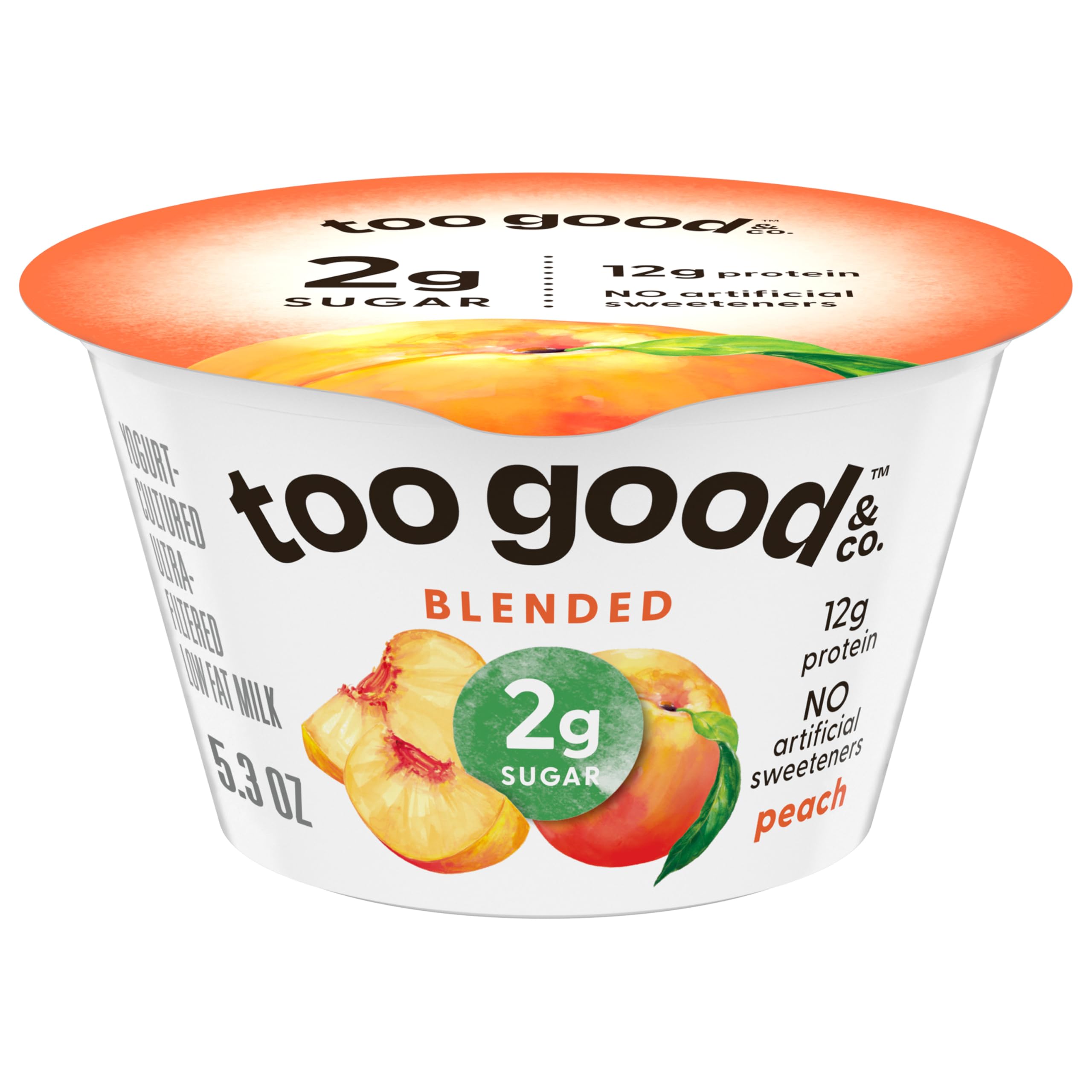 Too Good & Co. Peach Yogurt-Cultured Ultra-Filtered Low Fat Milk Product, Creamy and Delicious Low Fat Yogurt Product Snack Cup with Real Fruit Puree, Good Source of Protein, 5.3 OZ Cup