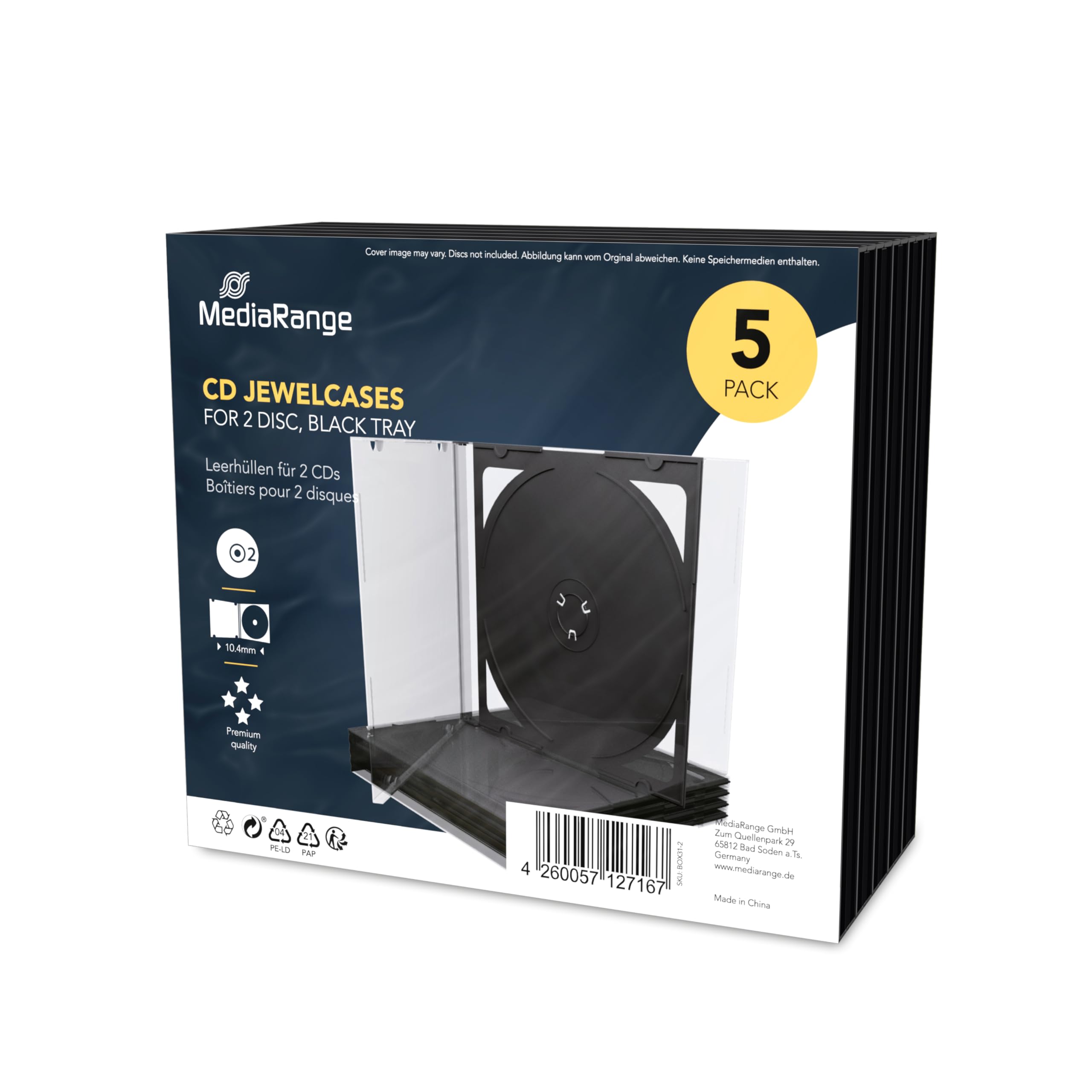 MEDIARANGE BOX31 – CD Jewel Case Cover for 2 CDs – Clear/Black (Pack of 5)