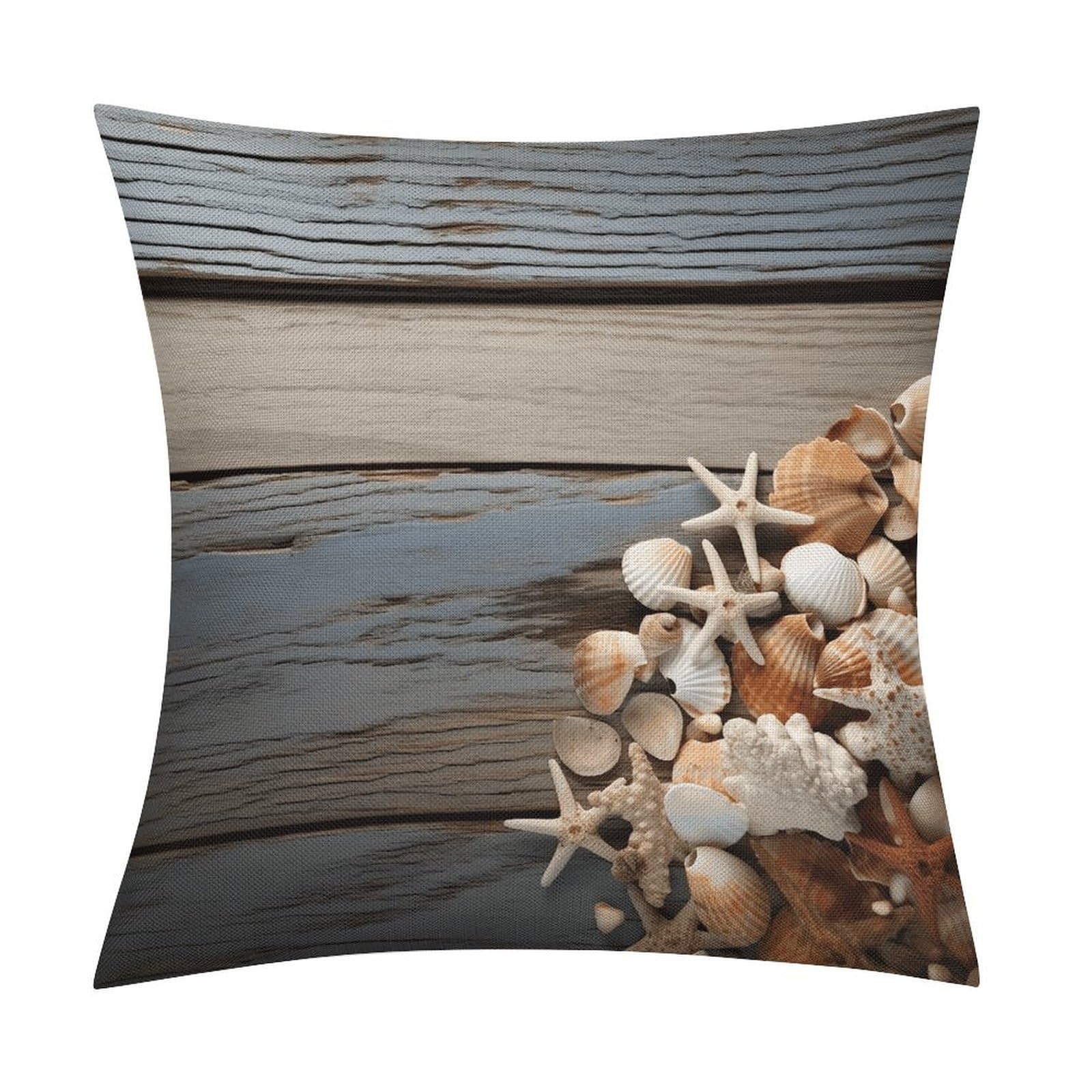 Adfgyerh Style Seashells On Wooden Board Pillow Covers Soft And Comfortable Invisible Zipper ，Home Decor 18X18 Inch Edging Technology，Throw Pillow Covers For Couch Sofa Bedroom Living Room.