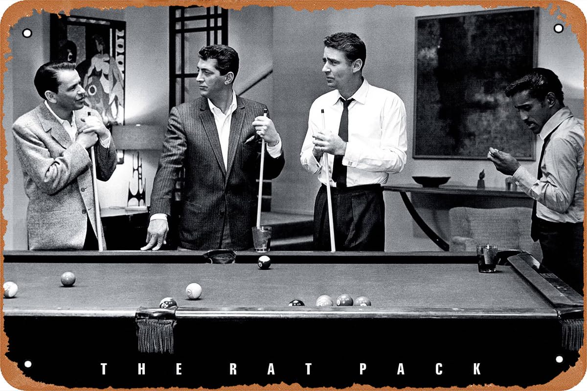 The Rat Pack Playing Billiards Poster Black White Vintage Tin Sign for Cafe Bar Man Cave Garage Home Wall Art Decor Gift Retro Metal Sign 12 X 8 inch