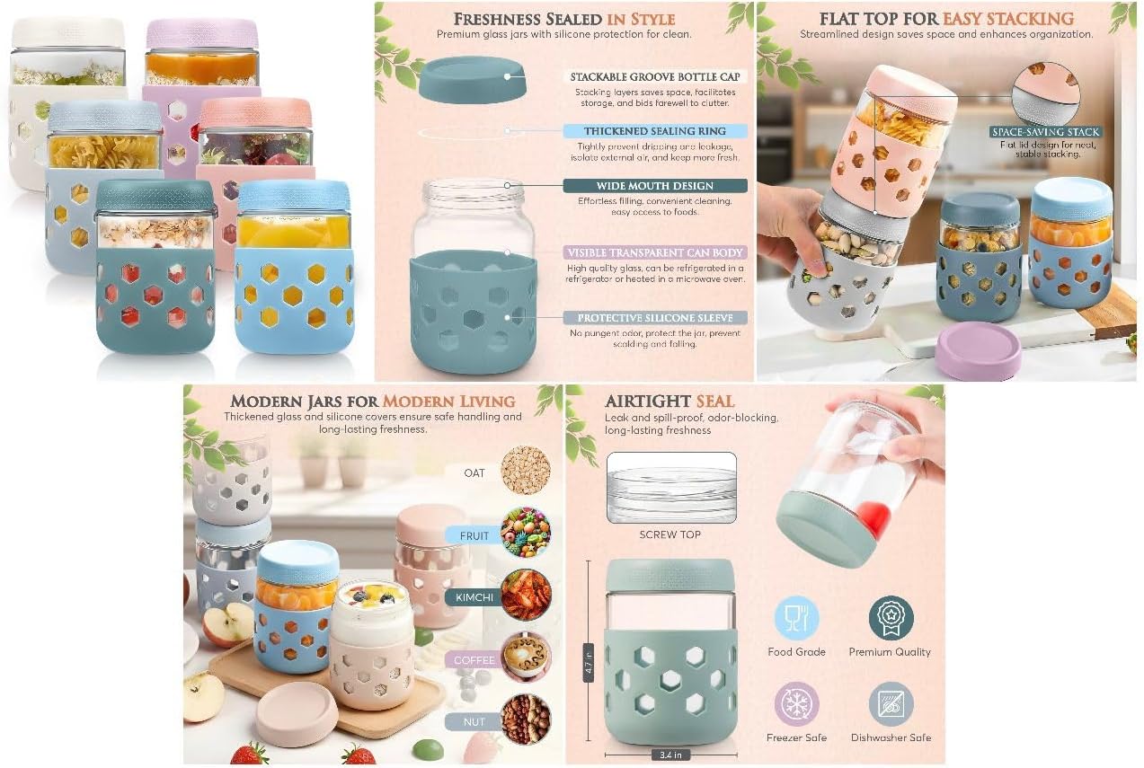 500 ml Glass Jar with Silicone Sleeve – Reusable Mason Jar Style Glass Container for Drinks, Smoothies & Food Storage | Durable Borosilicate Glass, BPA-Free, Eco Reusable Glass Bottle