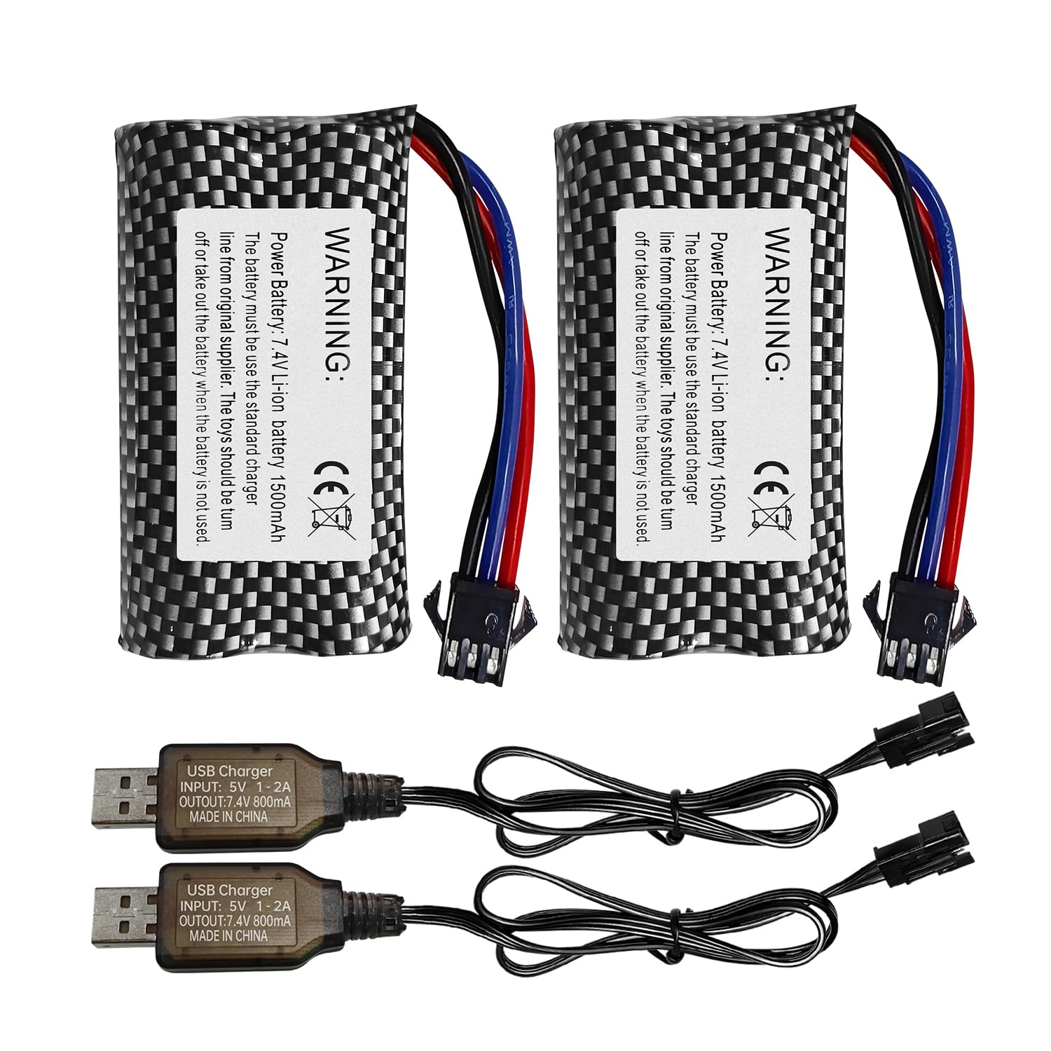ZYGY 2PCS 7.4V 1500mAh SM-3P-Stecker-Lithiumbatterie mit USB-Ladekabel für DE43 DE60 RC Racing Fernbedienungsauto 1575 Ingenieurauto Spielzeugauto Auto