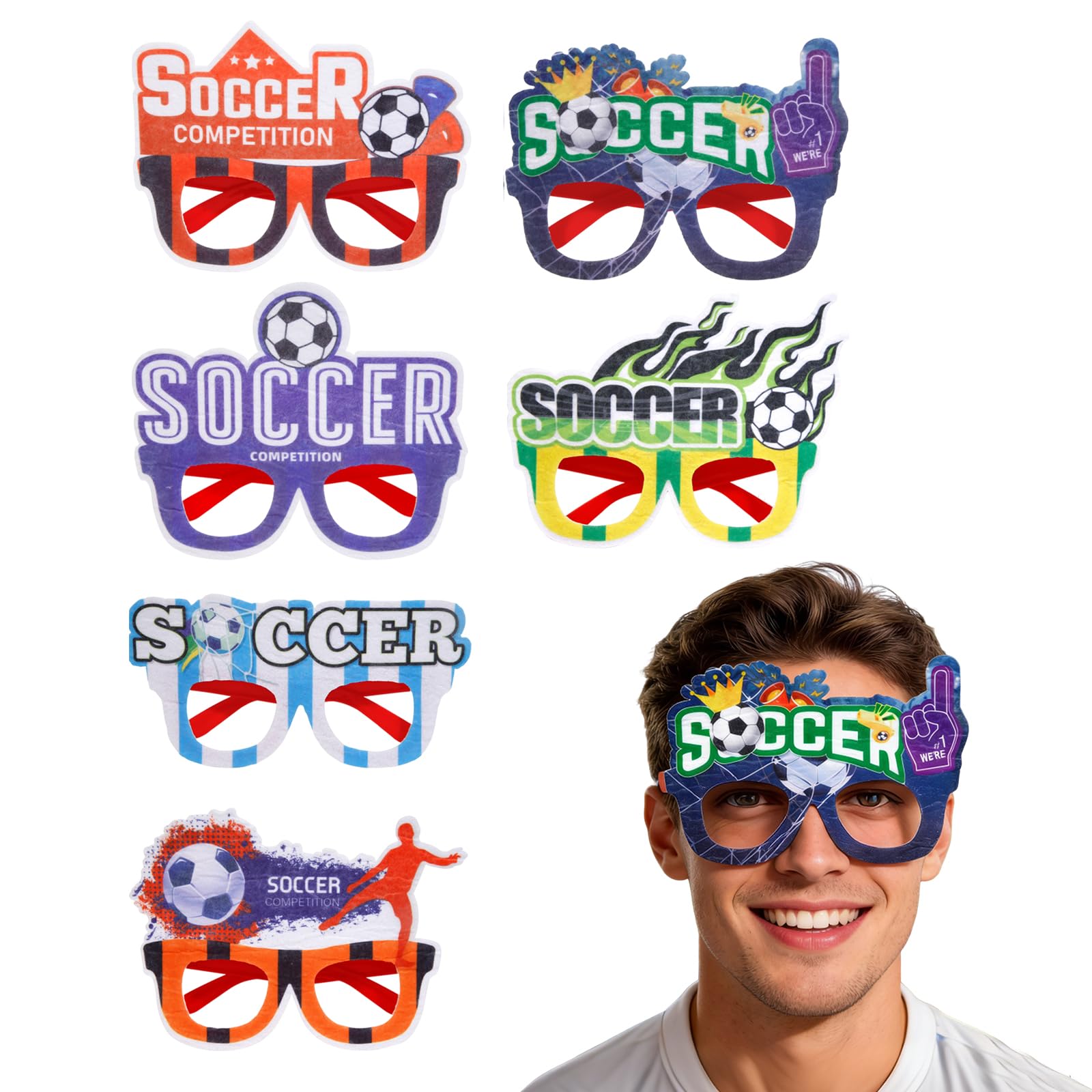 Muiltvoe Soccer Glasses, 6Pcs Football Funny Eyeglasses Soccer Party Eyeglasses Props Football Fan Glasses for Soccer Party Favors Sports Theme & Match Day Photo Booth Decorations (B)