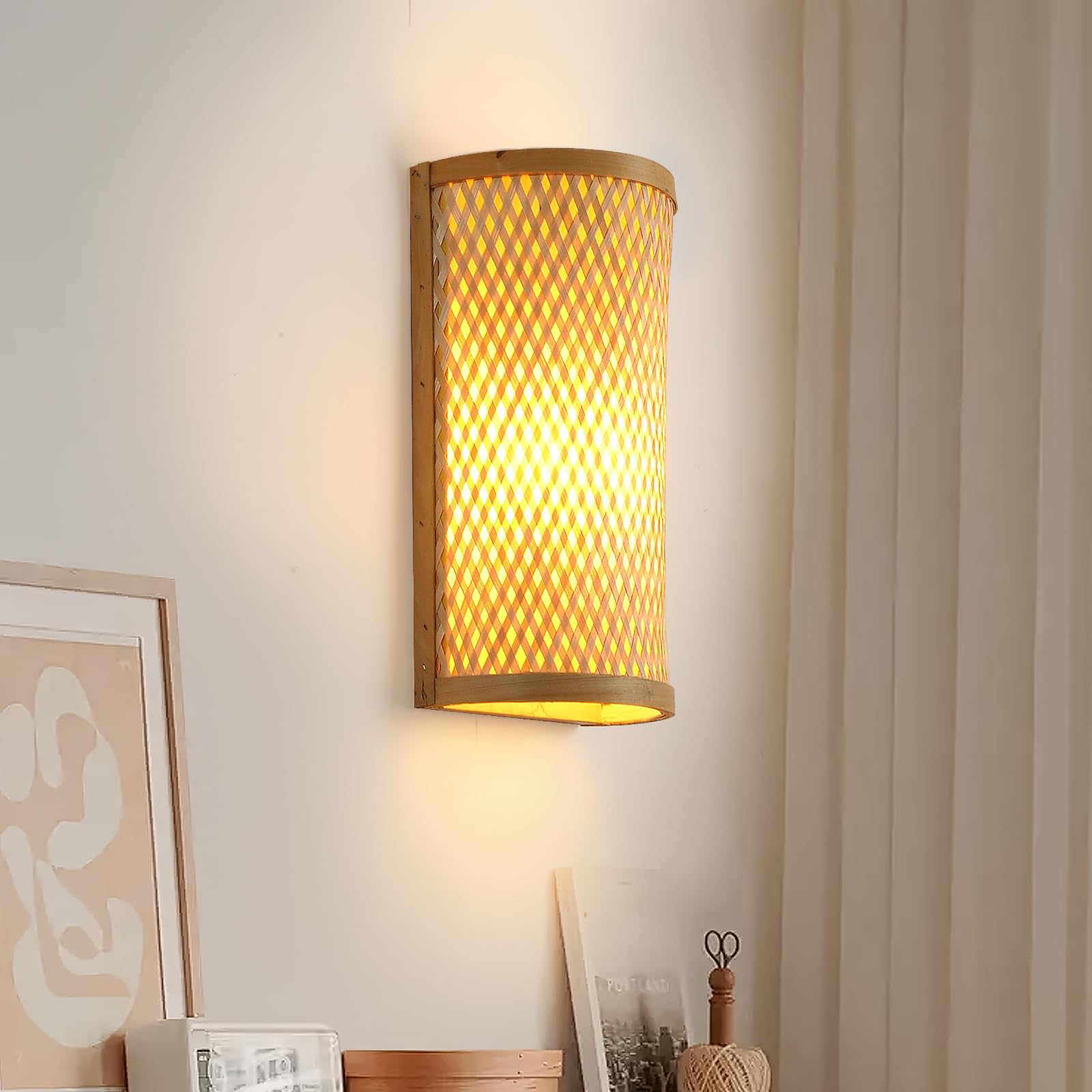 Schindora Aplique Pared Interior Madera De Bambú,Boho Apliques Pared Dormitorio DecoracióN RúStica Vintage E27 Tejido A Mano Lampara Pared Para Escalera Escaleras Pasillo