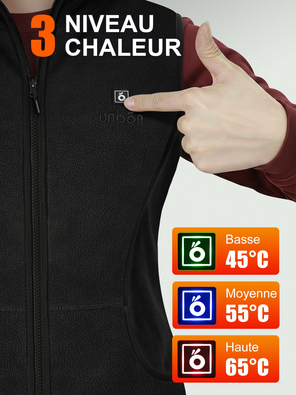 UNBON Gilet Chauffant Femme avec Batterie Incluse USB 10000mAh, Veste Chauffante Femme avec 3 Températures 6 Zones Chauffage, Veste Polaire Chauffante sans Manche, Gilet Chauffant Électrique Noir XS