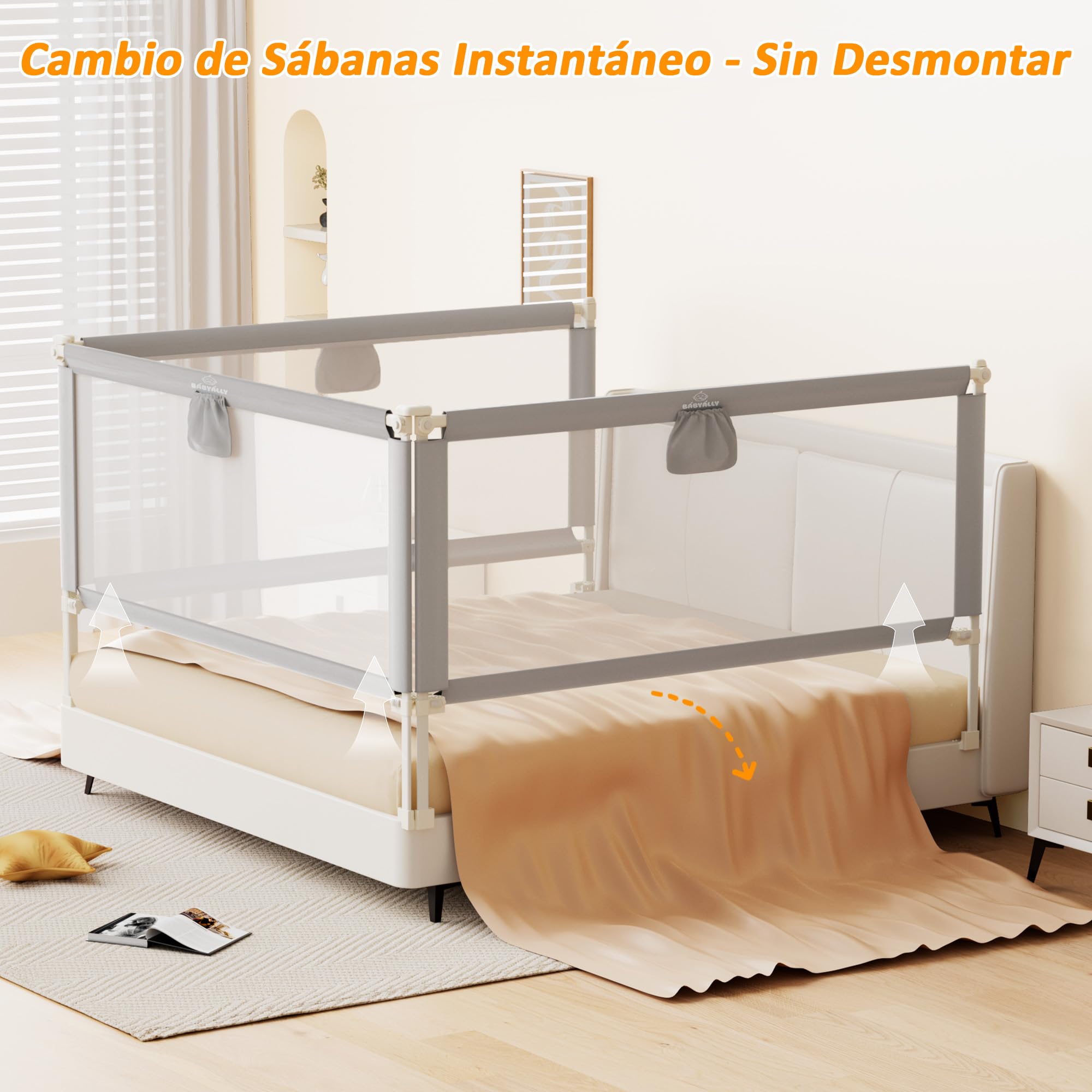 Barrera para Cama, Set de 3 Barrera de Seguridad Niños, Barandilla Cama Niño Legable y Portátil - (2 x 200 cm + 1 x 180 cm) en Paquete