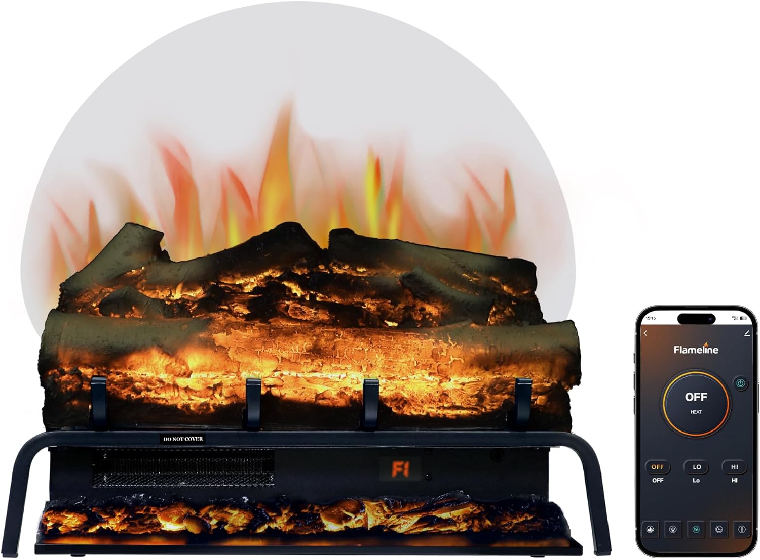 23" W Freestanding Electric Fireplace Inesert, Log Heater with 6 Flame Colors，APP Control，Temperature Adjustment