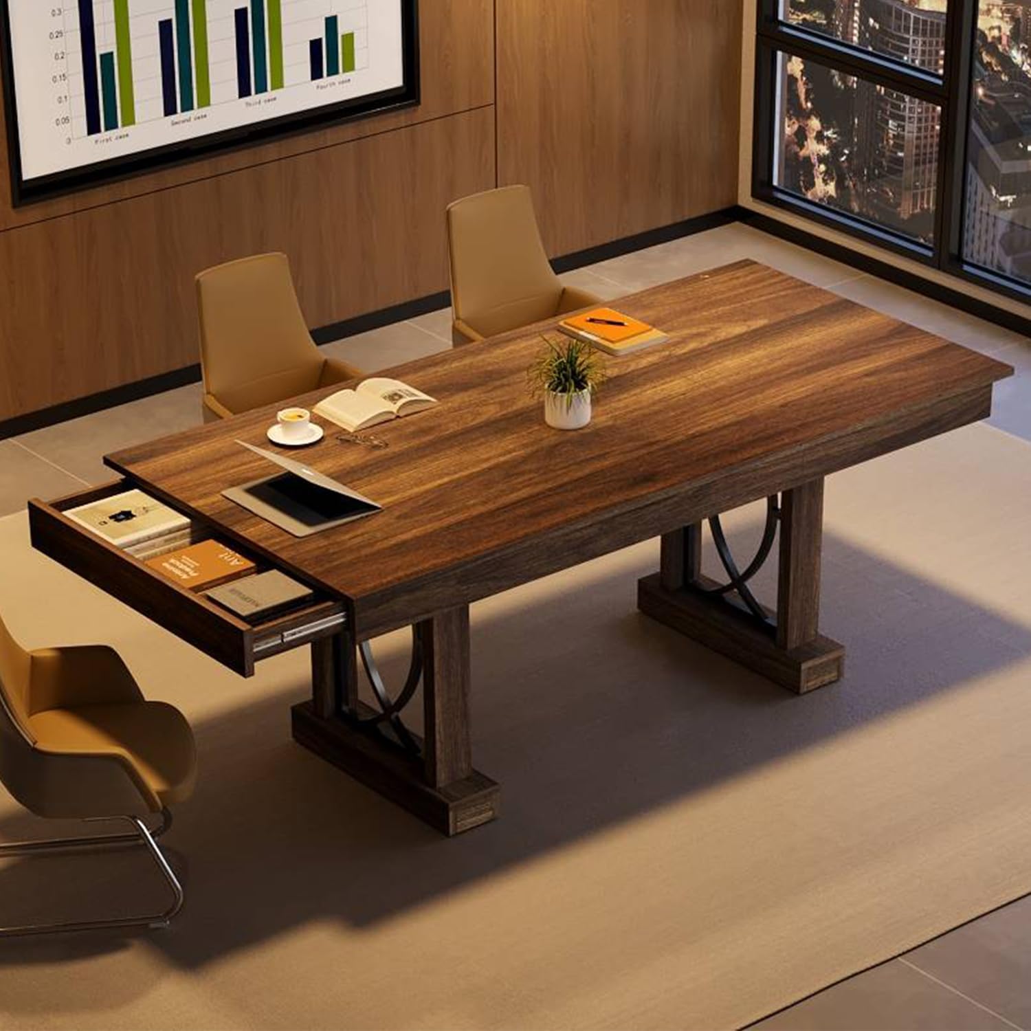 Garvee Dining Table with open drawers in a kitchen setting