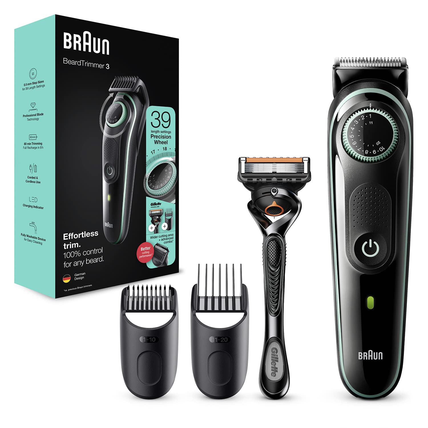 Braun Beard Trimmer 3 BT3341, recortadora de barba para hombres, cortapelos facial, cabello, cuchillas fiables, 39 ajustes de longitud, negro/verde
