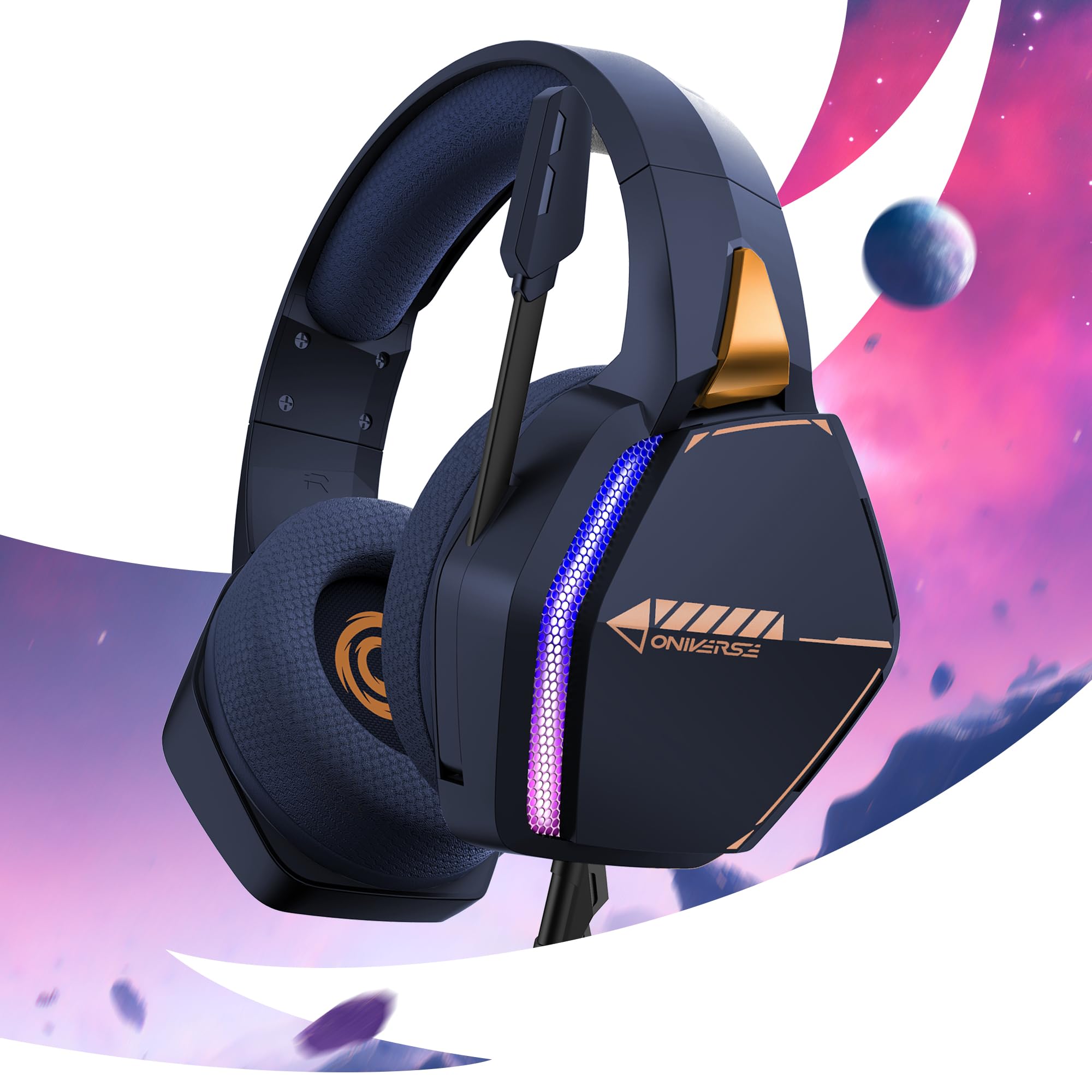 Słuchawki do gier PS5 PS4 Switch 2 Xbox PC Mac z regulowanym mikrofonem LED, głośniki 50 mm, oddychające wkładki z tkaniny - Nebula Abyss Blue Przewodowy zestaw słuchawkowy Stereo Gamer